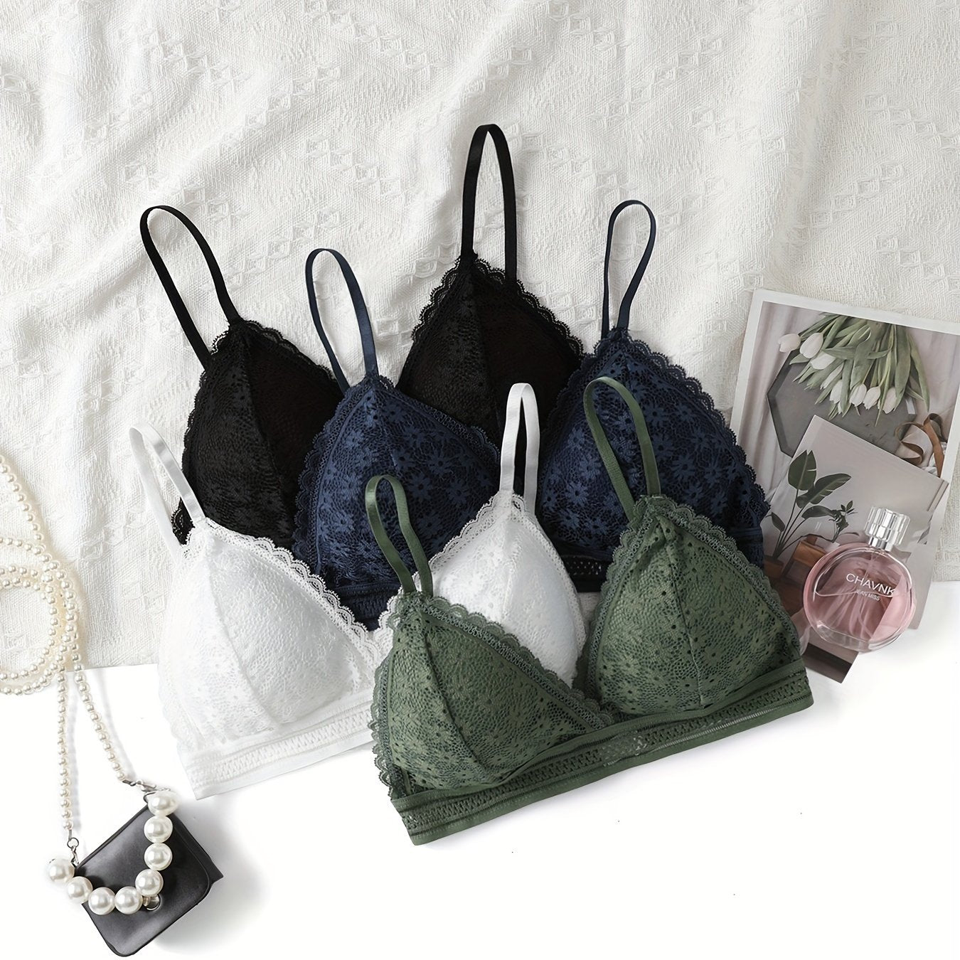 4pcs Contrast Lace Wireless Bras, Comfy & Breathable Scallop Trim Bra, Women's Lingerie & Underwear