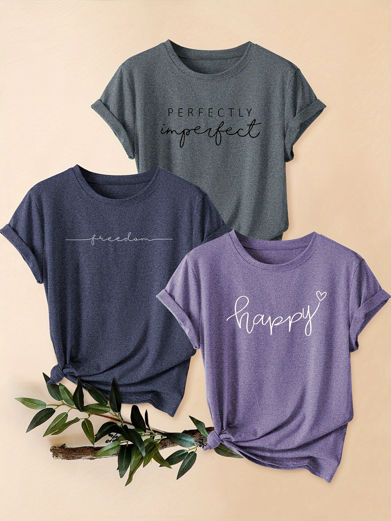 3-piece Mixed Pack Retro Style Letter Print Comfortable Breathable T-Shirt, Casual Crew Neck Short Sleeve Sports Tops For Summer, Women's Clothing