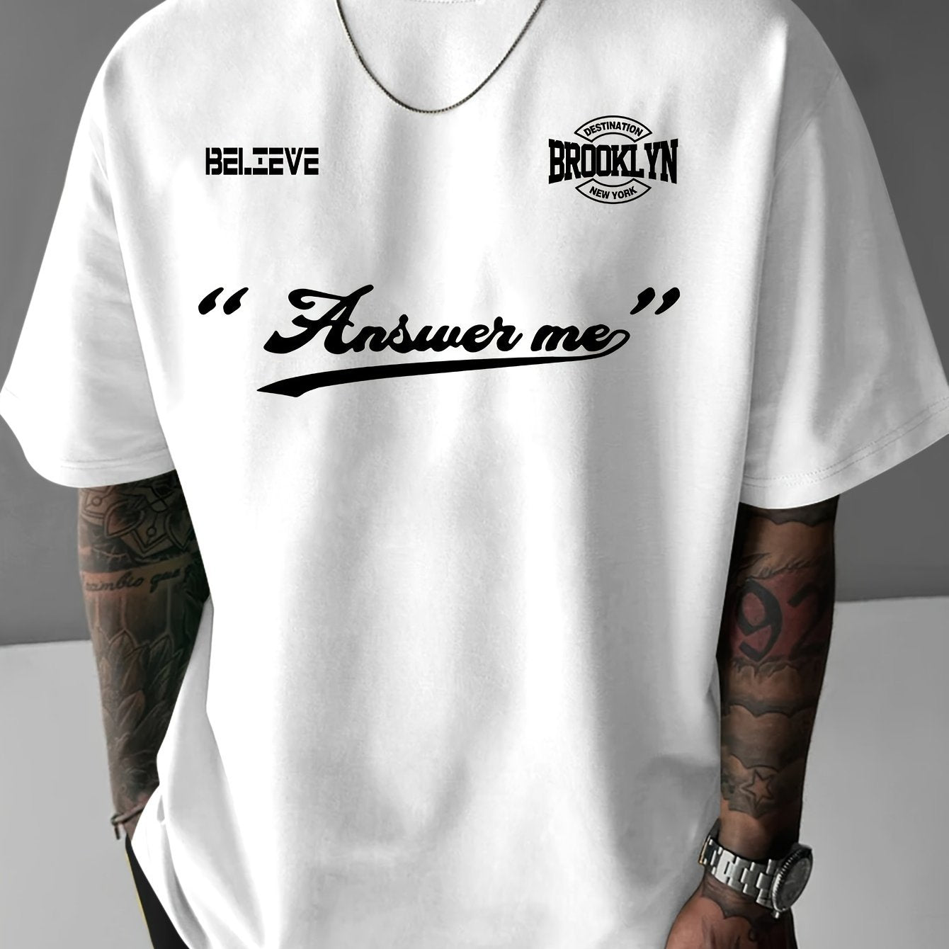 Believe Brooklyn Symmetrical Design Print, Men's Short Sleeve Round Collar Street Style T-shirt For Summer & Spring