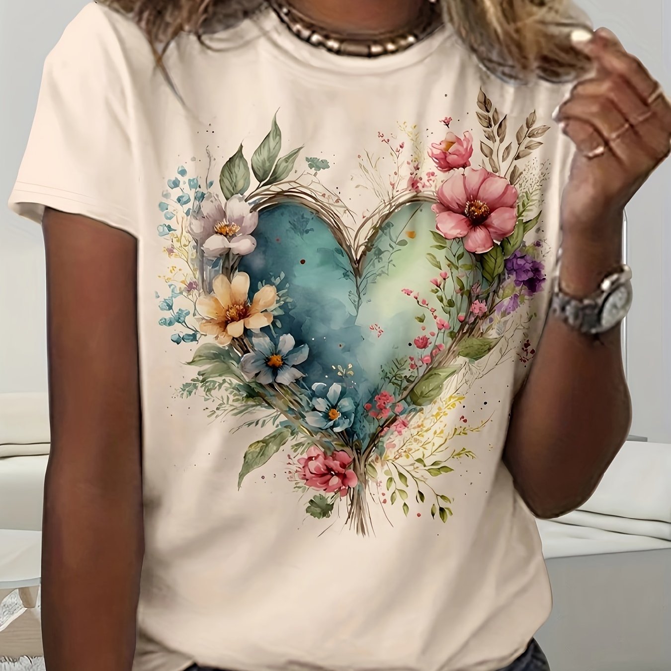 Floral & Heart Print Crew Neck T-Shirt, Casual Short Sleeve T-Shirt For Spring & Summer, Women's Clothing