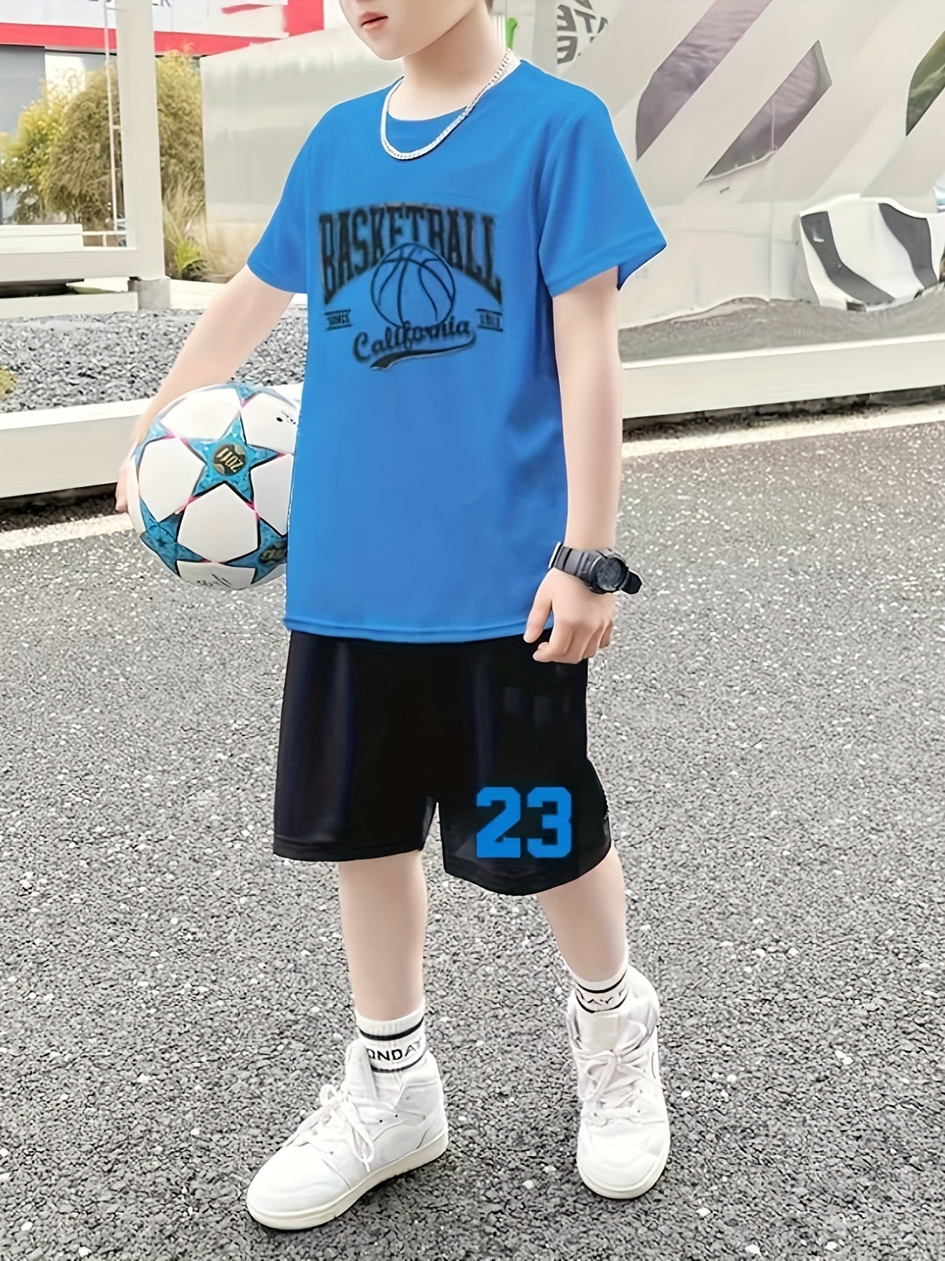 Boy's 2pcs T-shirt & Elastic Waist Shorts Set, SPORTS Print Short Sleeve Tee Top, Color Clash Casual Kids Clothes For Summer