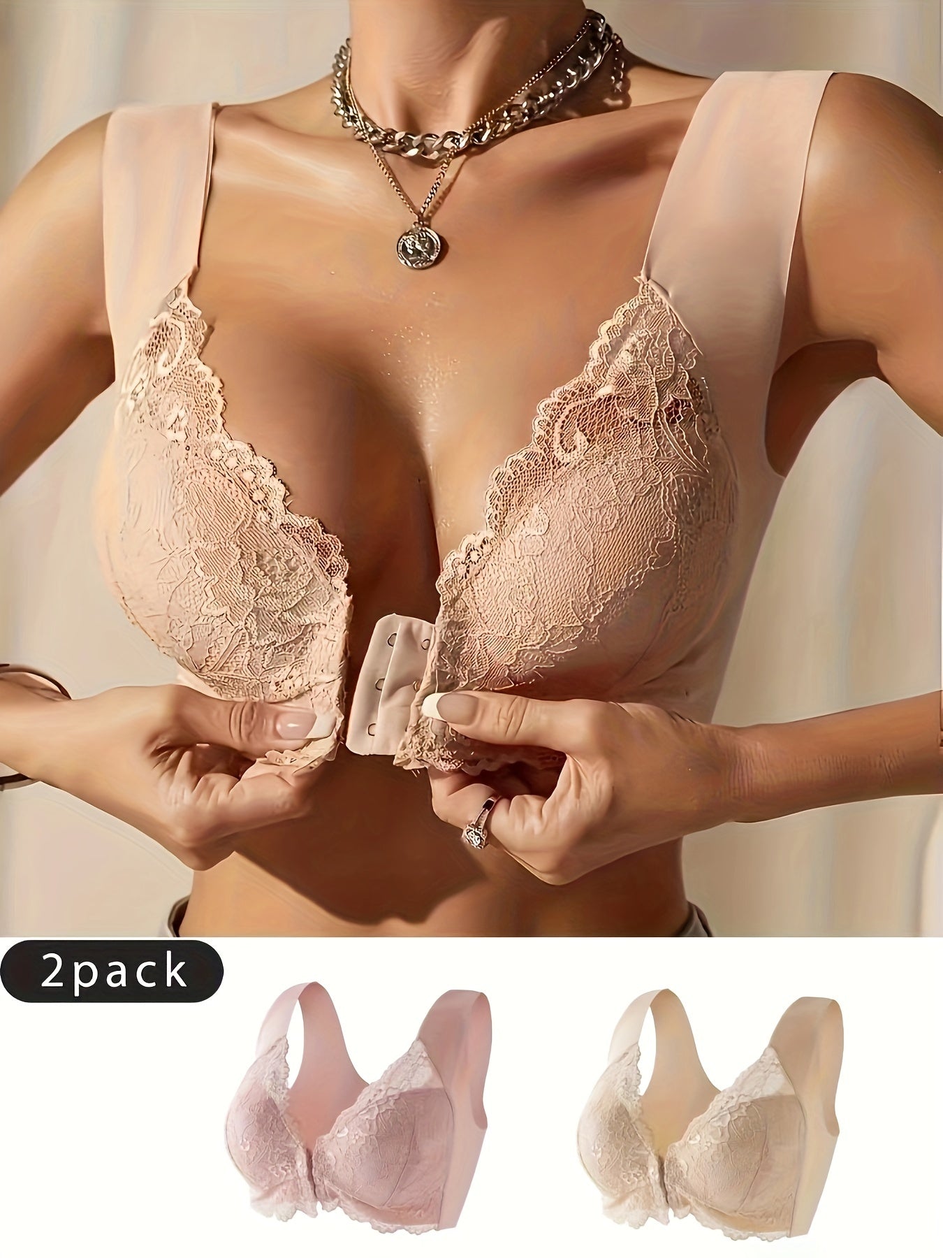2-Pack Women's Front Closure Bras, Elegant Lace Lingerie Set, Fashionable Deep V-Neck Wireless Underwear
