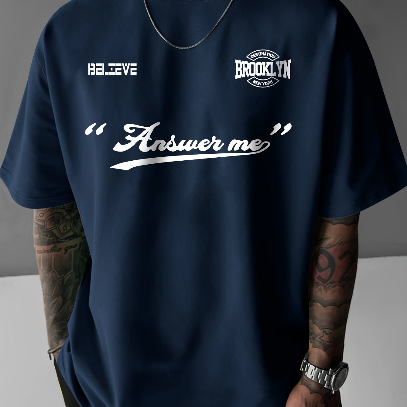 Believe Brooklyn Symmetrical Design Print, Men's Short Sleeve Round Collar Street Style T-shirt For Summer & Spring