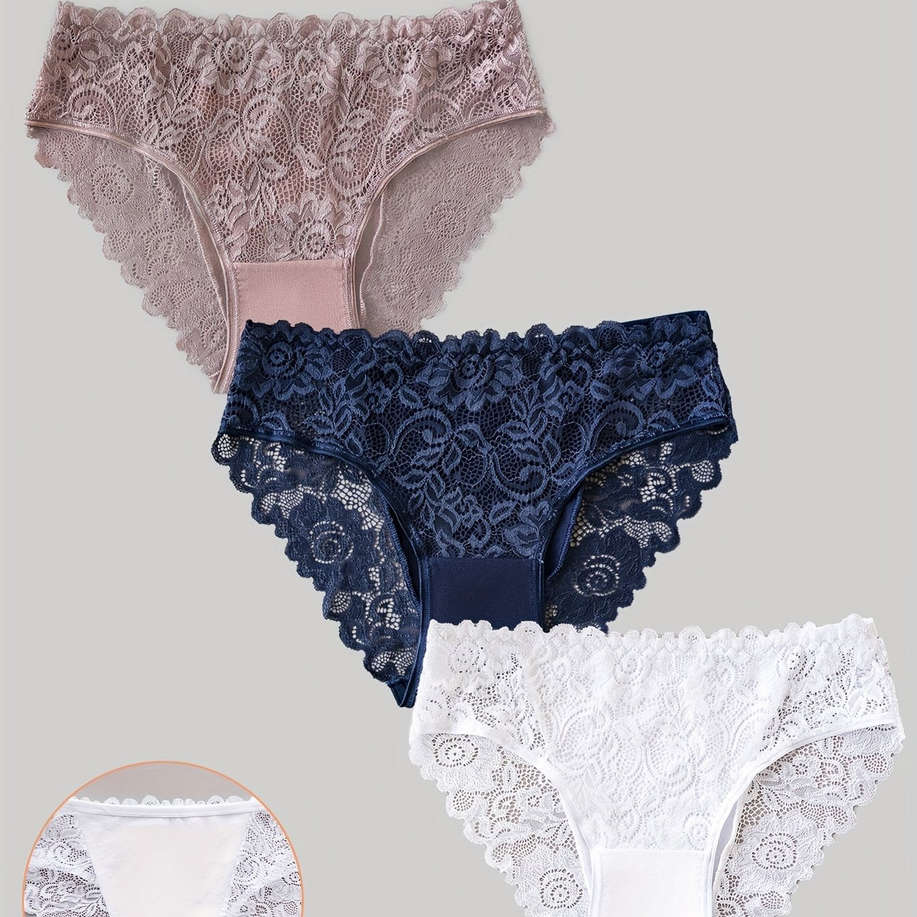 3pcs Solid Lace Briefs, Comfy Breathable Stretchy Intimates Panties, Women's Lingerie & Underwear
