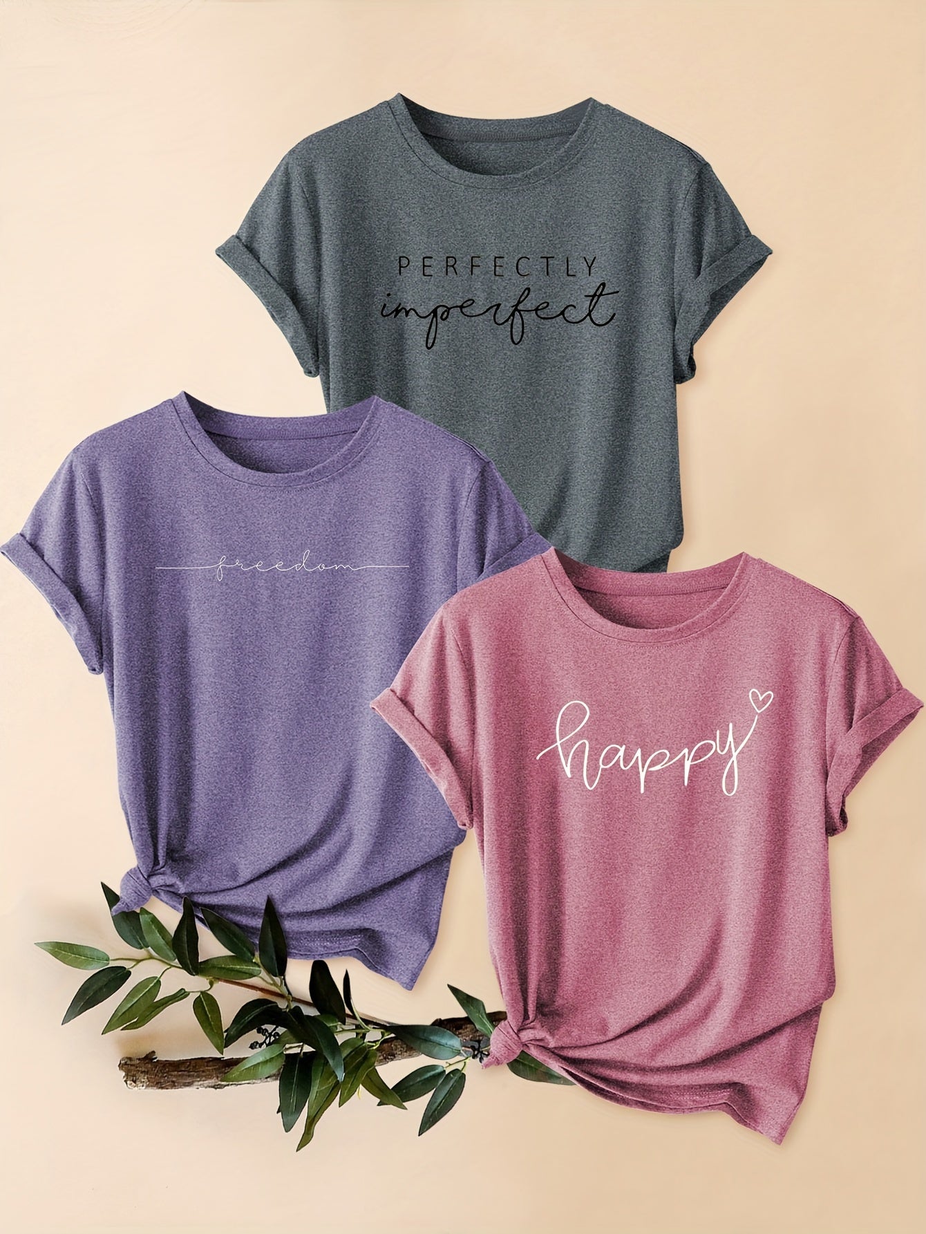 3-piece Mixed Pack Retro Style Letter Print Comfortable Breathable T-Shirt, Casual Crew Neck Short Sleeve Sports Tops For Summer, Women's Clothing