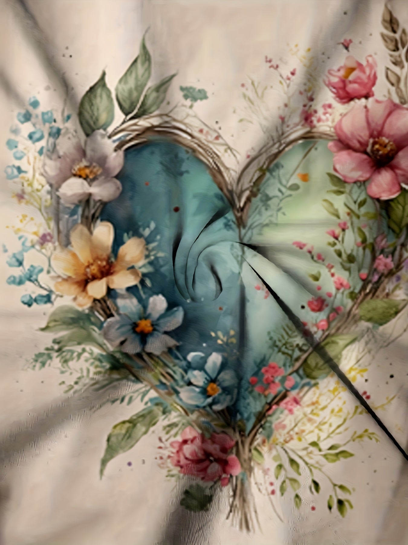 Floral & Heart Print Crew Neck T-Shirt, Casual Short Sleeve T-Shirt For Spring & Summer, Women's Clothing