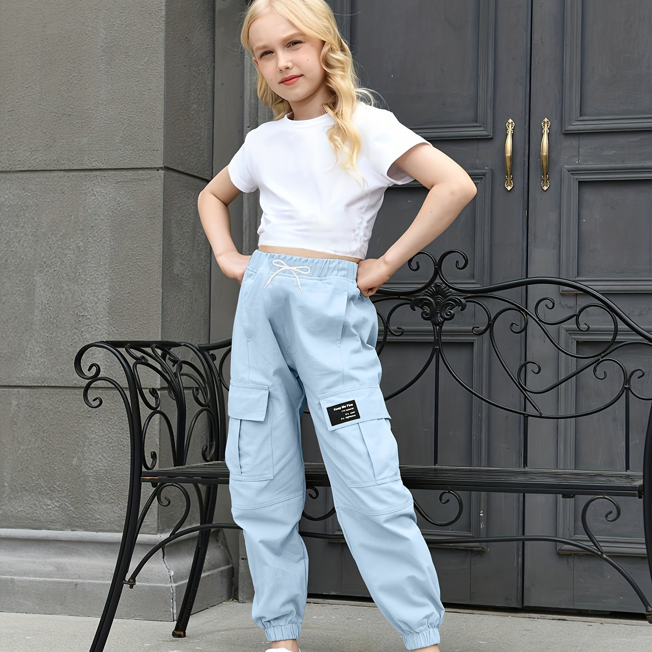 BINPAW Girls Casual Cargo Jogger Pants High Waisted Cargo Pants Outdoor Pants With Pockets