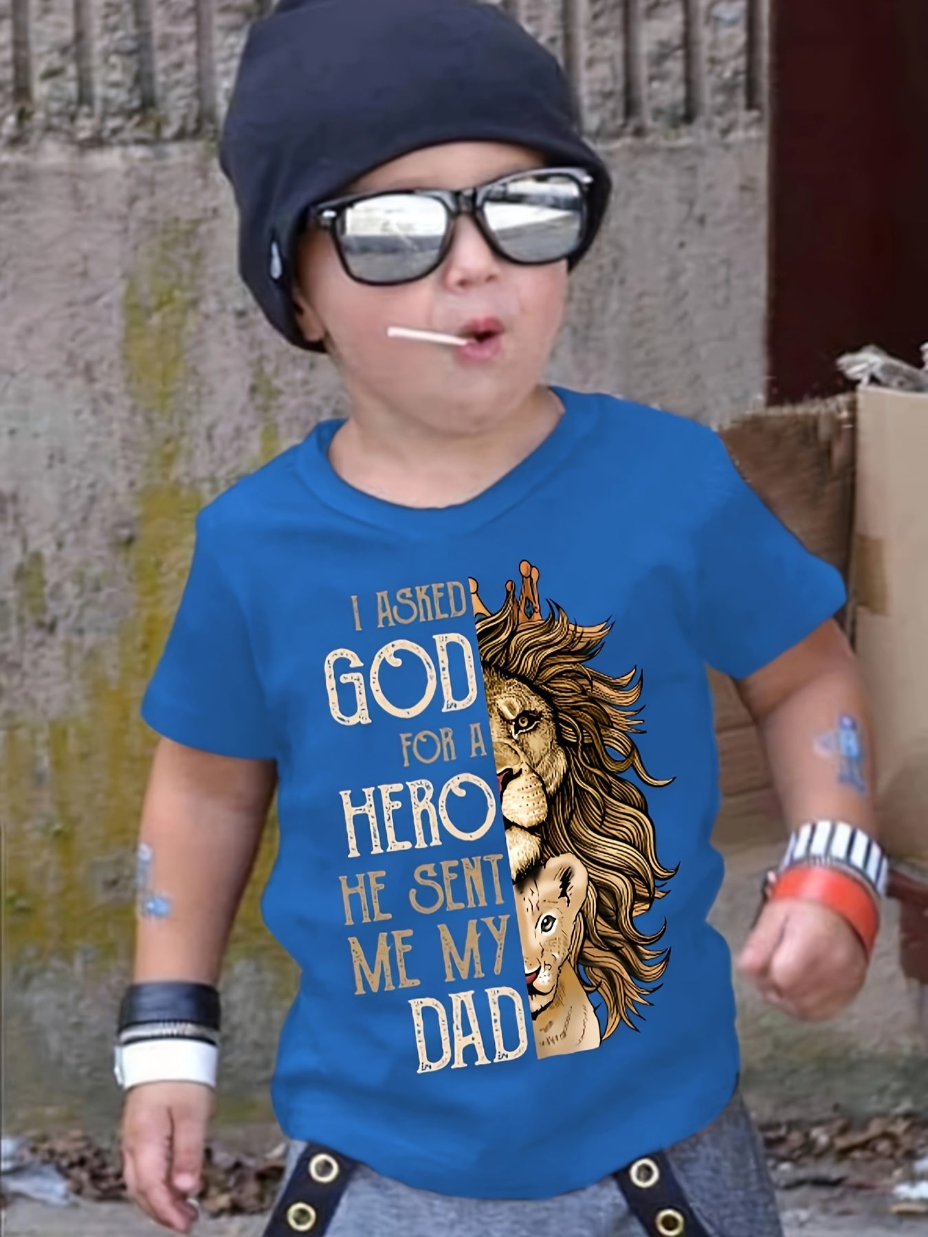 Boy's T-shirt, Lion And Letter Print Vibrant Short Sleeve Crew Neck Summer Tee Tops