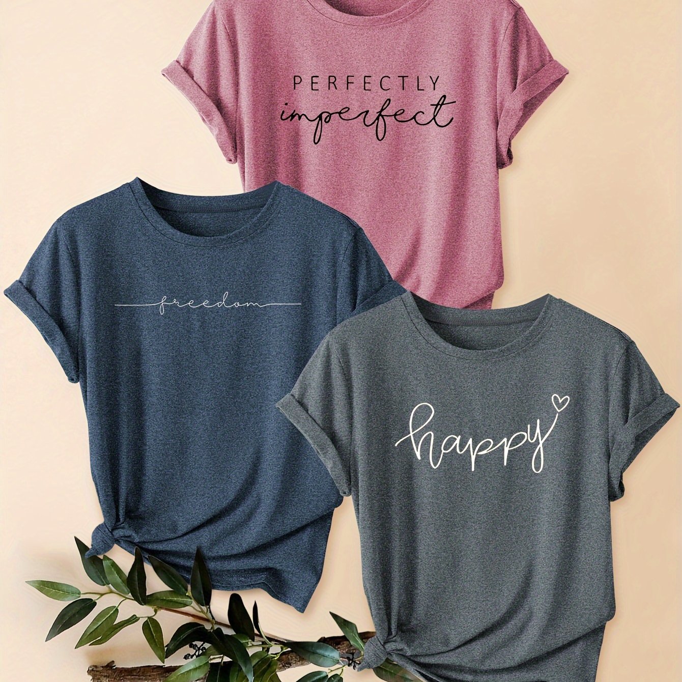 3-piece Mixed Pack Retro Style Letter Print Comfortable Breathable T-Shirt, Casual Crew Neck Short Sleeve Sports Tops For Summer, Women's Clothing