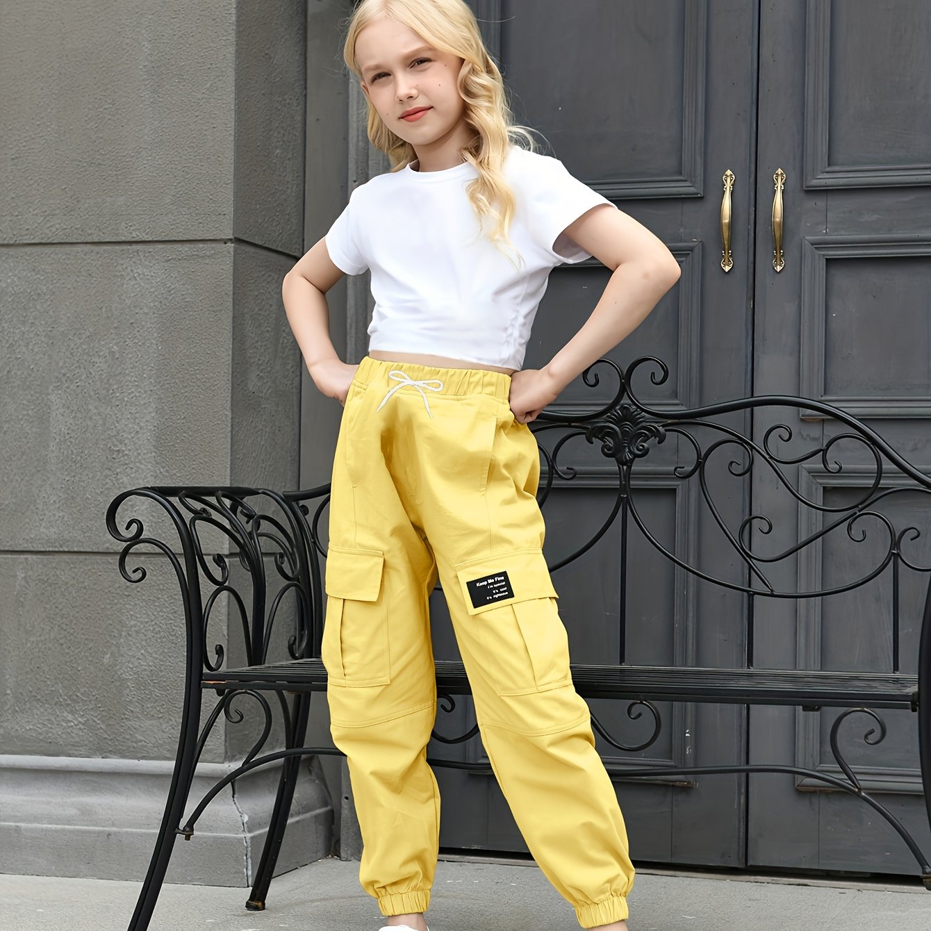 BINPAW Girls Casual Cargo Jogger Pants High Waisted Cargo Pants Outdoor Pants With Pockets