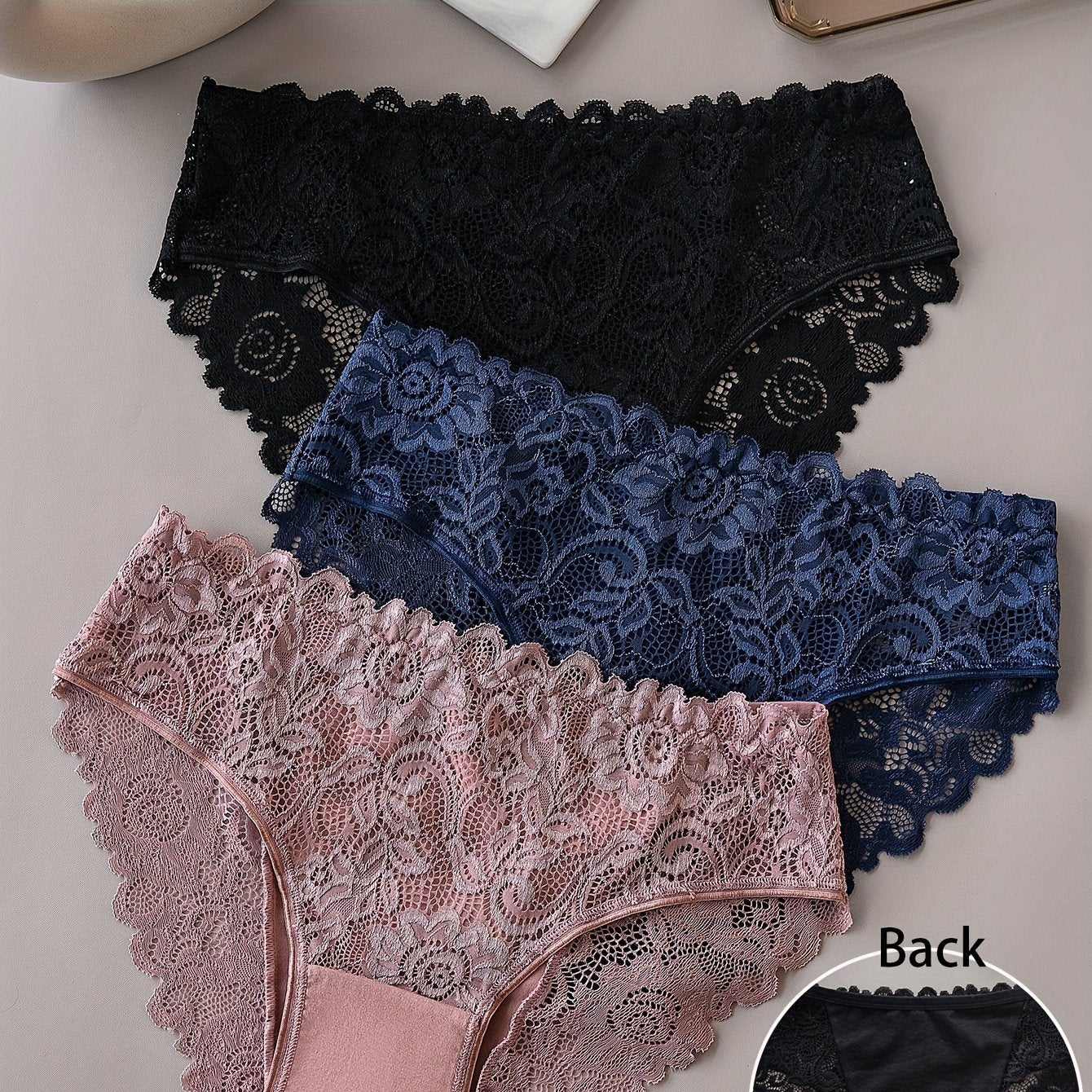 3pcs Solid Lace Briefs, Comfy Breathable Stretchy Intimates Panties, Women's Lingerie & Underwear