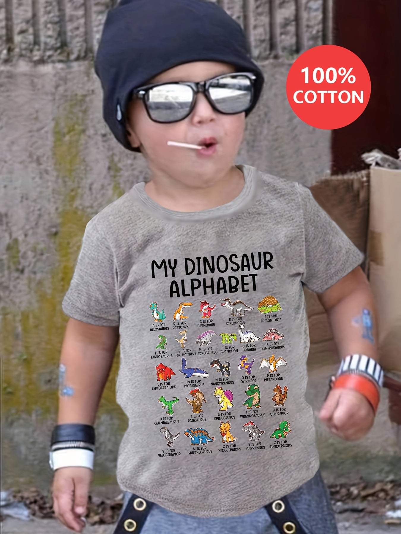 Gourd Doll Boys' 100% Cotton T-Shirt - Casual Crew Neck, Short Sleeve, Asymmetrical Hem, Slight Stretch, Dinosaur Alphabet Print Top for Youngsters, Summer Tee|Dinosaur Graphic Tee|Glossy Fabric, Dinosaur Room Decor