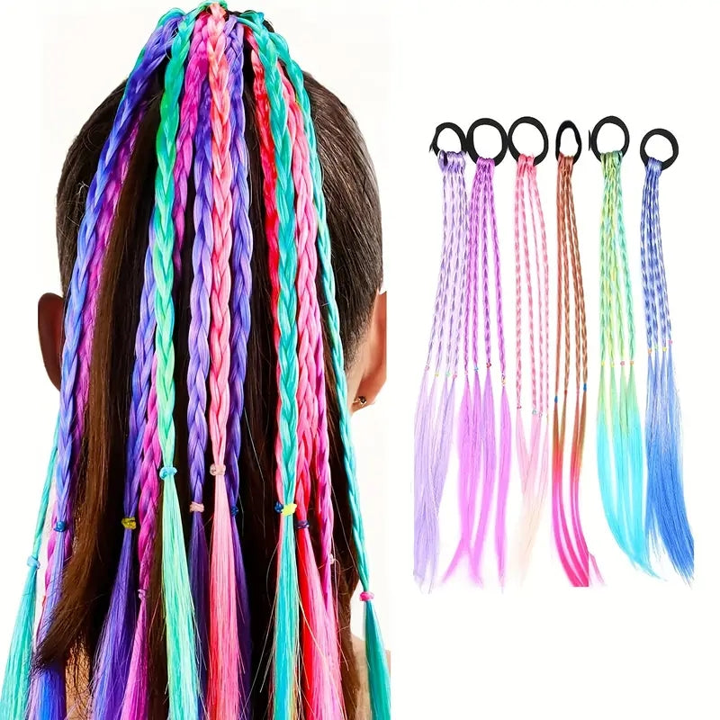 6pcs 6-Piece Girls Hair Accessories Set: Colorful Braided Wig, Ponytail Holders, and Rubber Bands for Gifts