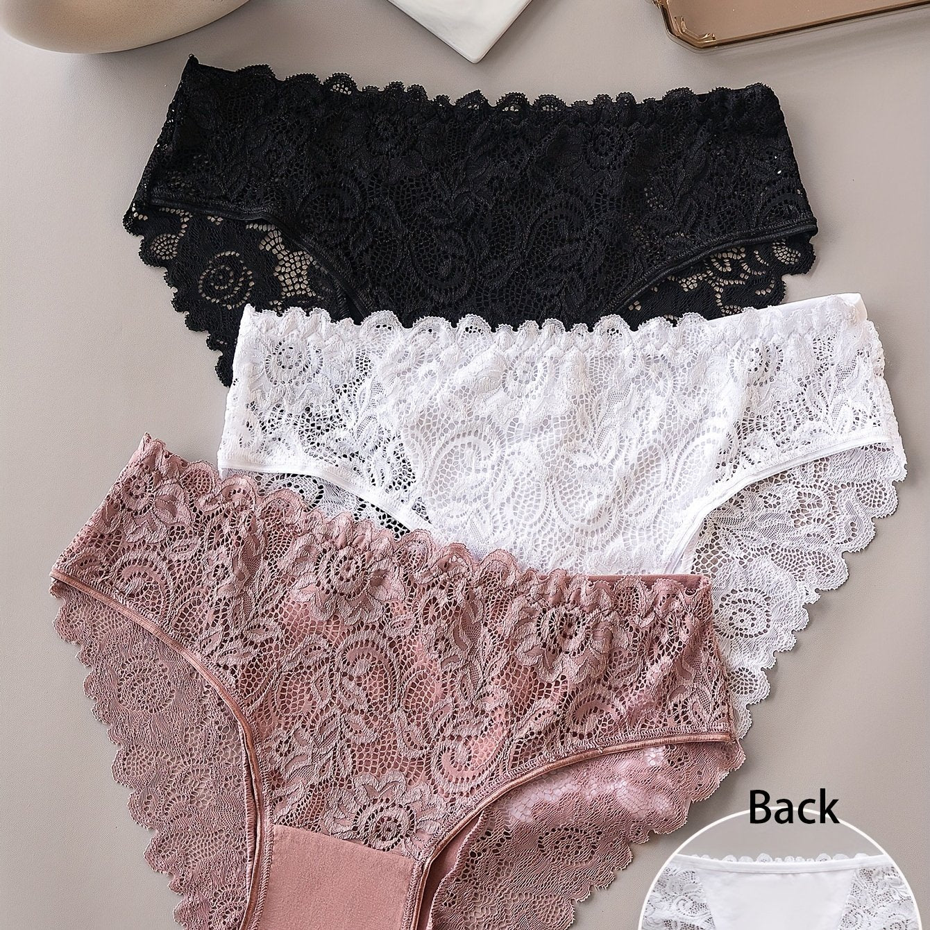 3pcs Solid Lace Briefs, Comfy Breathable Stretchy Intimates Panties, Women's Lingerie & Underwear