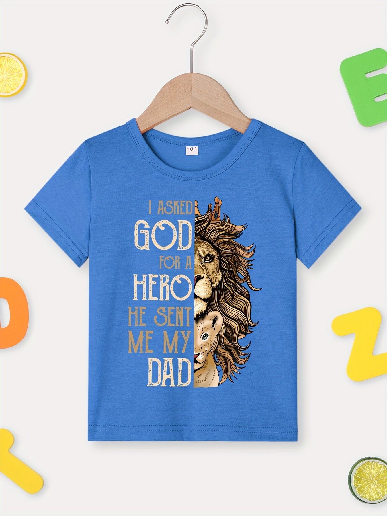 Boy's T-shirt, Lion And Letter Print Vibrant Short Sleeve Crew Neck Summer Tee Tops