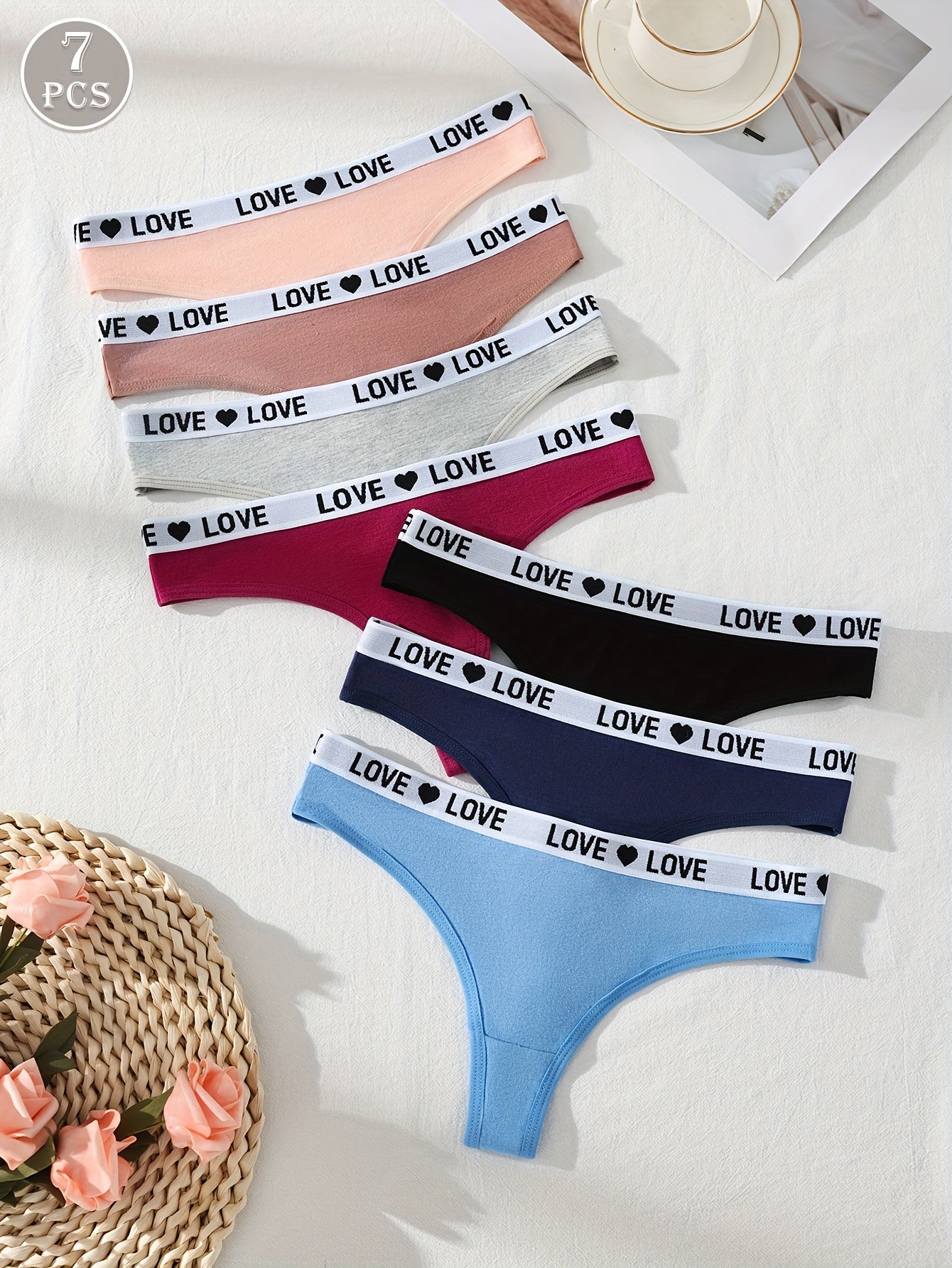 7-Pack Sexy Thong Panties for Women, 95% 5% Elastane, Solid Color, Knit Fabric, Drop Waist, 155gsm, Comfort Fit Underwear Set