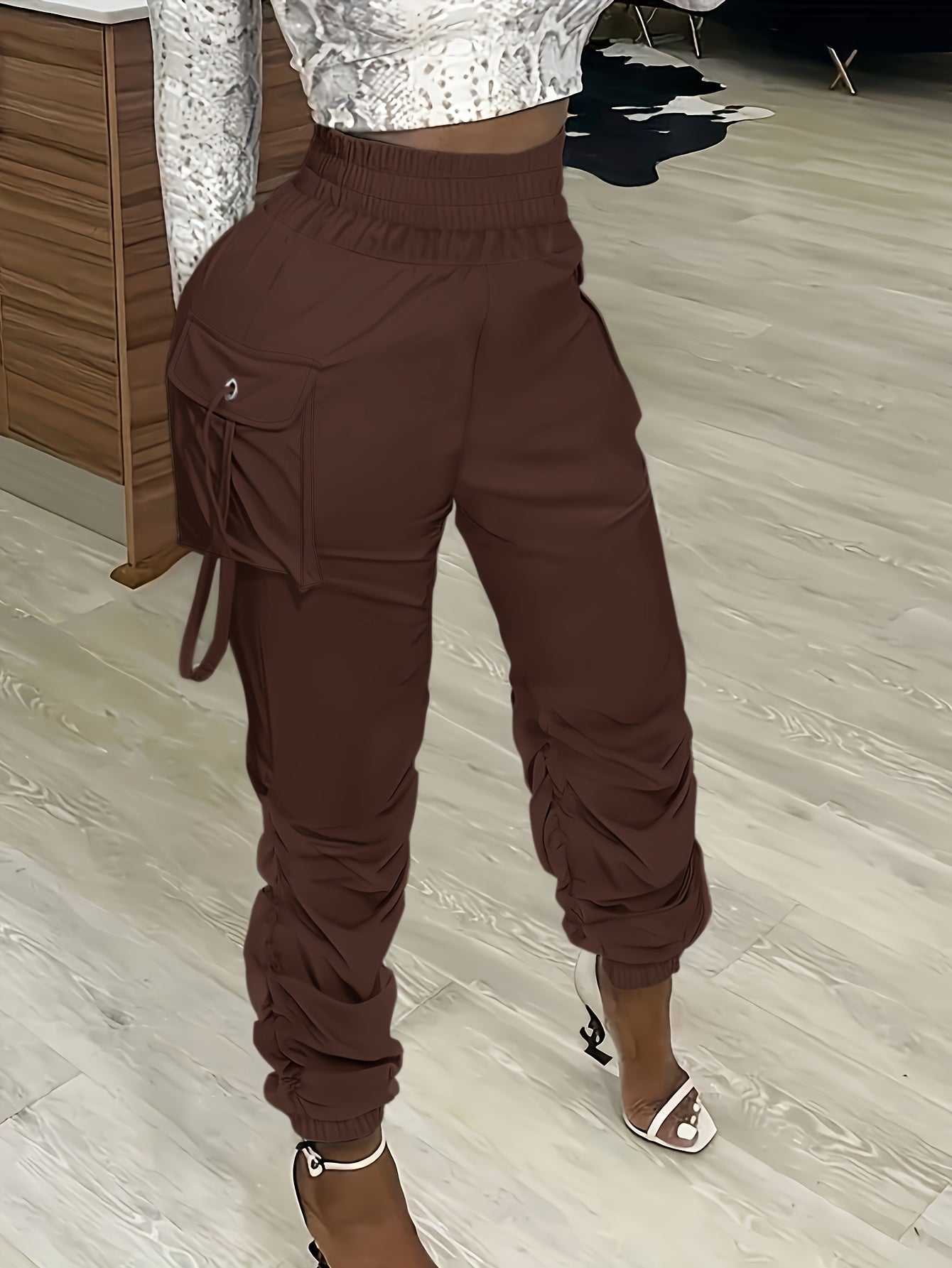 Women's Olive Green Cargo Pants with Ruched Waist - Casual Polyester, Straight Fit, Solid Color, Machine Washable, All-Season Wear