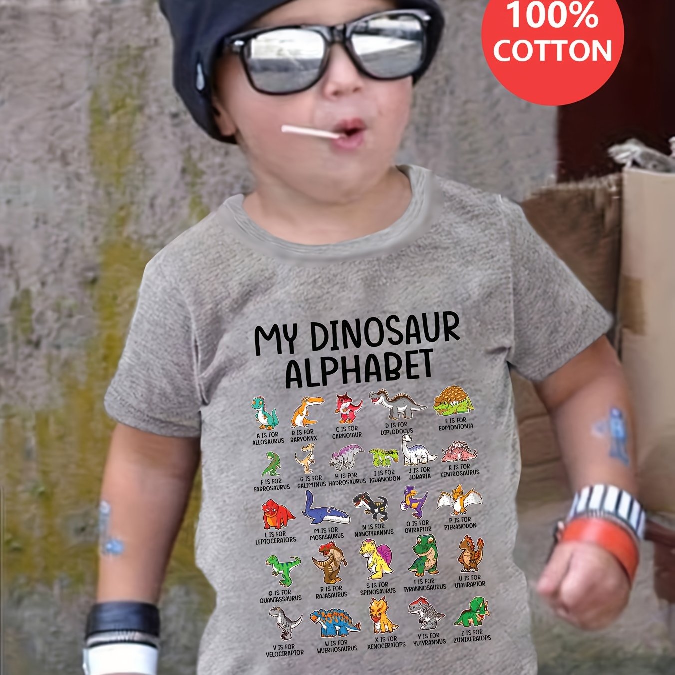Gourd Doll Boys' 100% Cotton T-Shirt - Casual Crew Neck, Short Sleeve, Asymmetrical Hem, Slight Stretch, Dinosaur Alphabet Print Top for Youngsters, Summer Tee|Dinosaur Graphic Tee|Glossy Fabric, Dinosaur Room Decor