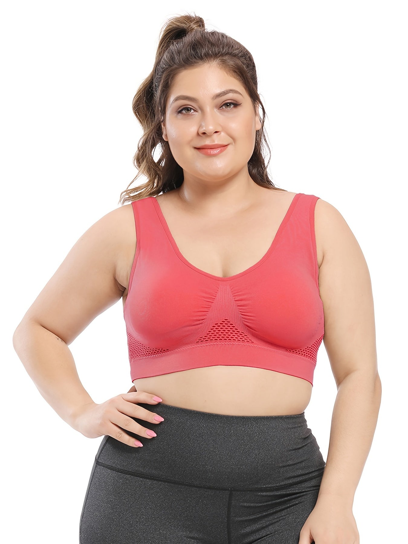 [Customizable Fit] Plus Size Seamless Sports Bra for Women - Breathable & Supportive Push-Up Vest with Removable Pads, Stretchy Nylon/Spandex Blend, Mesh Detail - Sizes 5XL, Deep Purple, Plus Size Bra