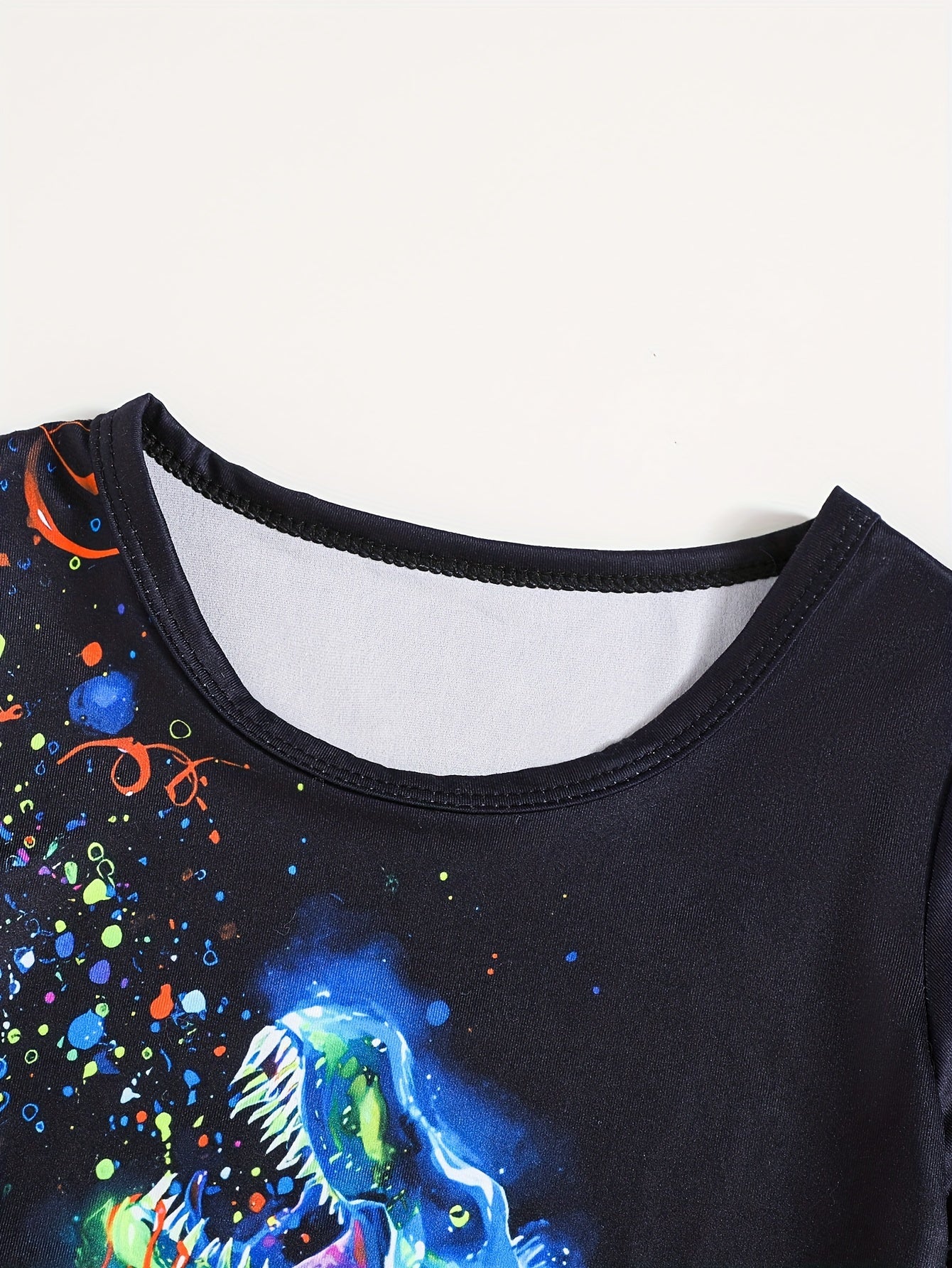 2pcs Boys Casual Luminous Colorful Splash Ink T-rex Print Comfortable Versatile Short Sleeve T-shirt & Shorts Set, Cool, Lightweight And Comfy Summer Clothes For Daily & Outdoor Wear