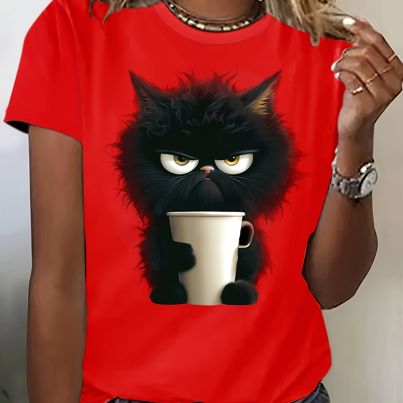Cat Print T-shirt, Casual Short Sleeve Crew Neck Top For Spring & Summer, Women's Clothing