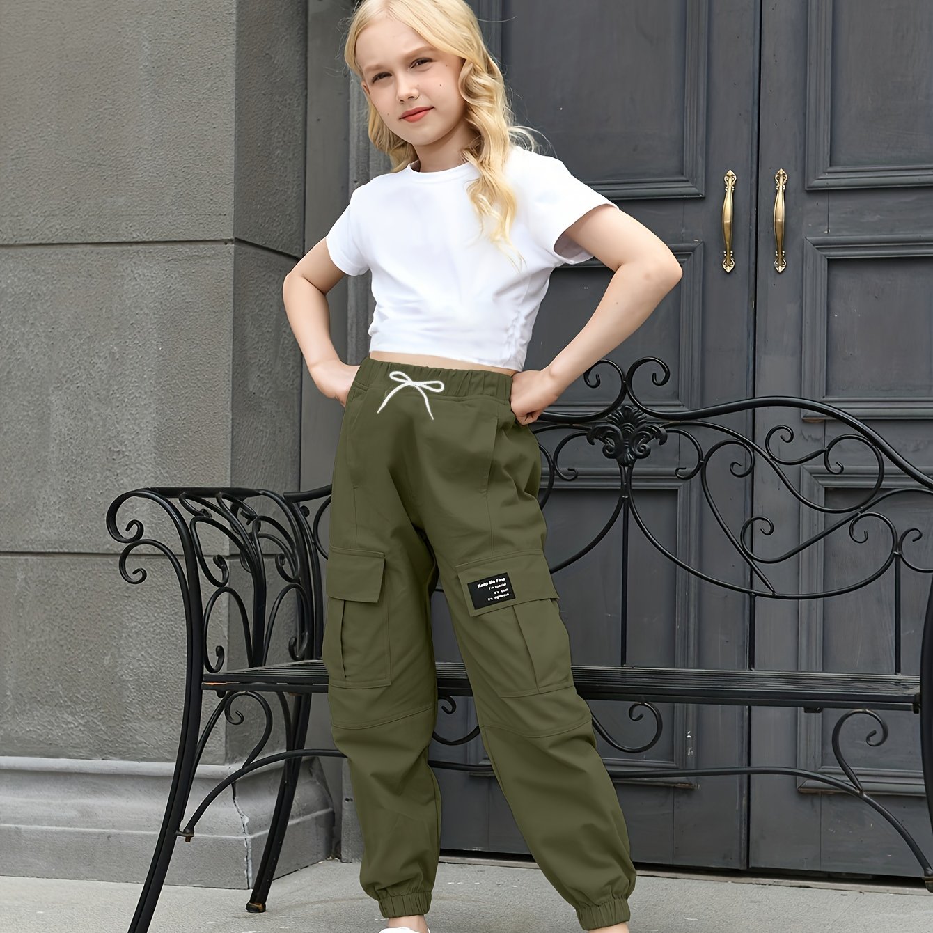 BINPAW Girls Casual Cargo Jogger Pants High Waisted Cargo Pants Outdoor Pants With Pockets