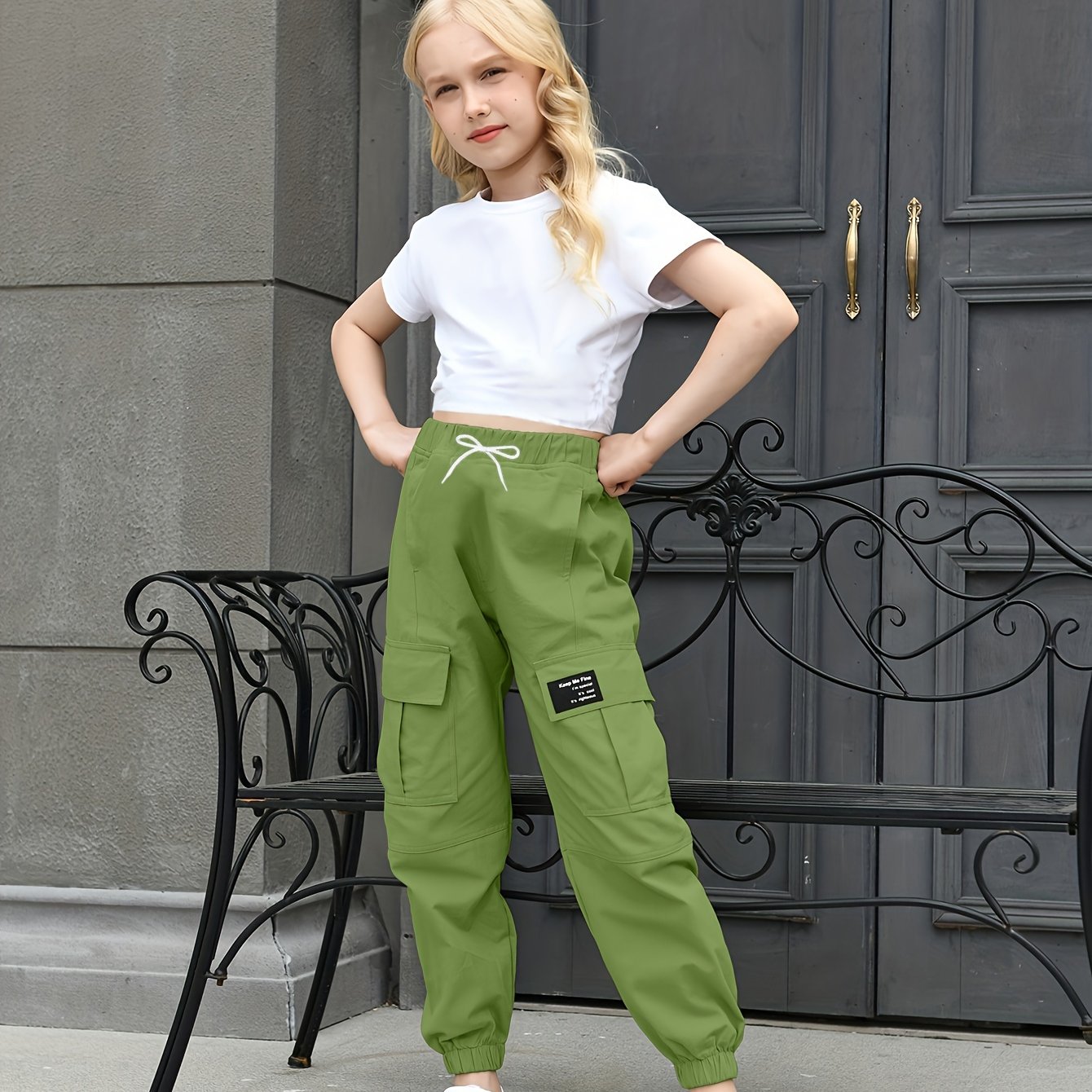 BINPAW Girls Casual Cargo Jogger Pants High Waisted Cargo Pants Outdoor Pants With Pockets
