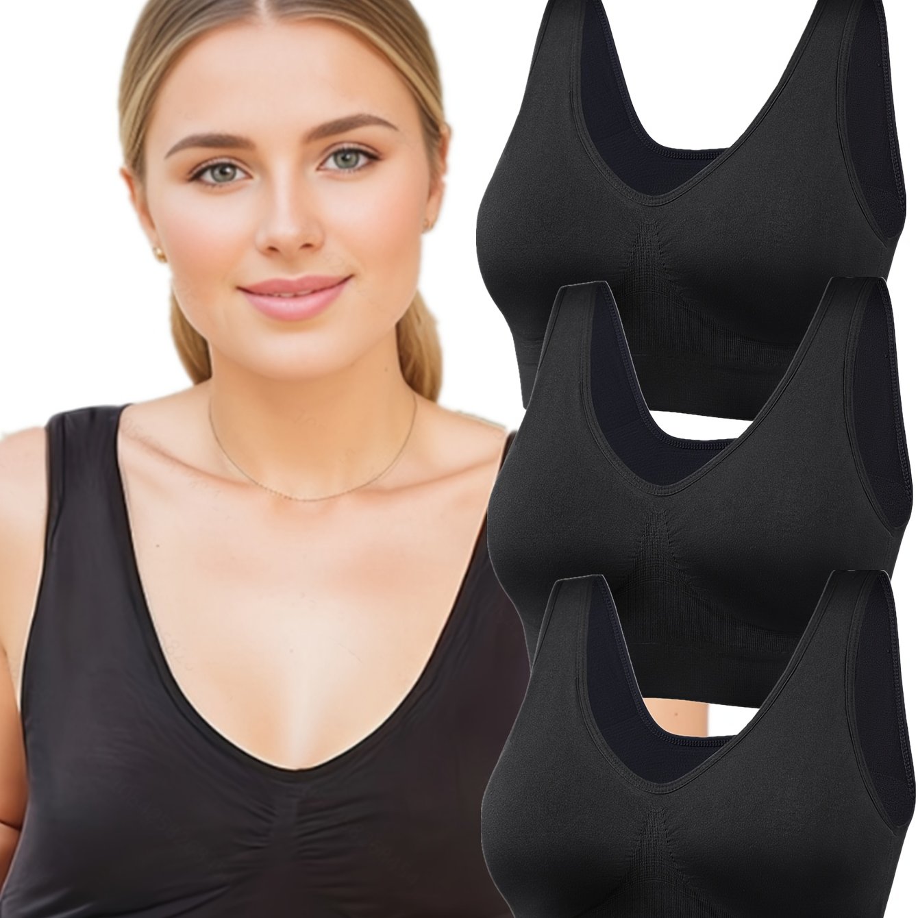 3pcs Women's Seamless Sports Bras - No Padding, Wire-Free, Plus Size, Nylon Blend, Black, Ribbed Texture, V-Neck Design for Running, Yoga & Workouts