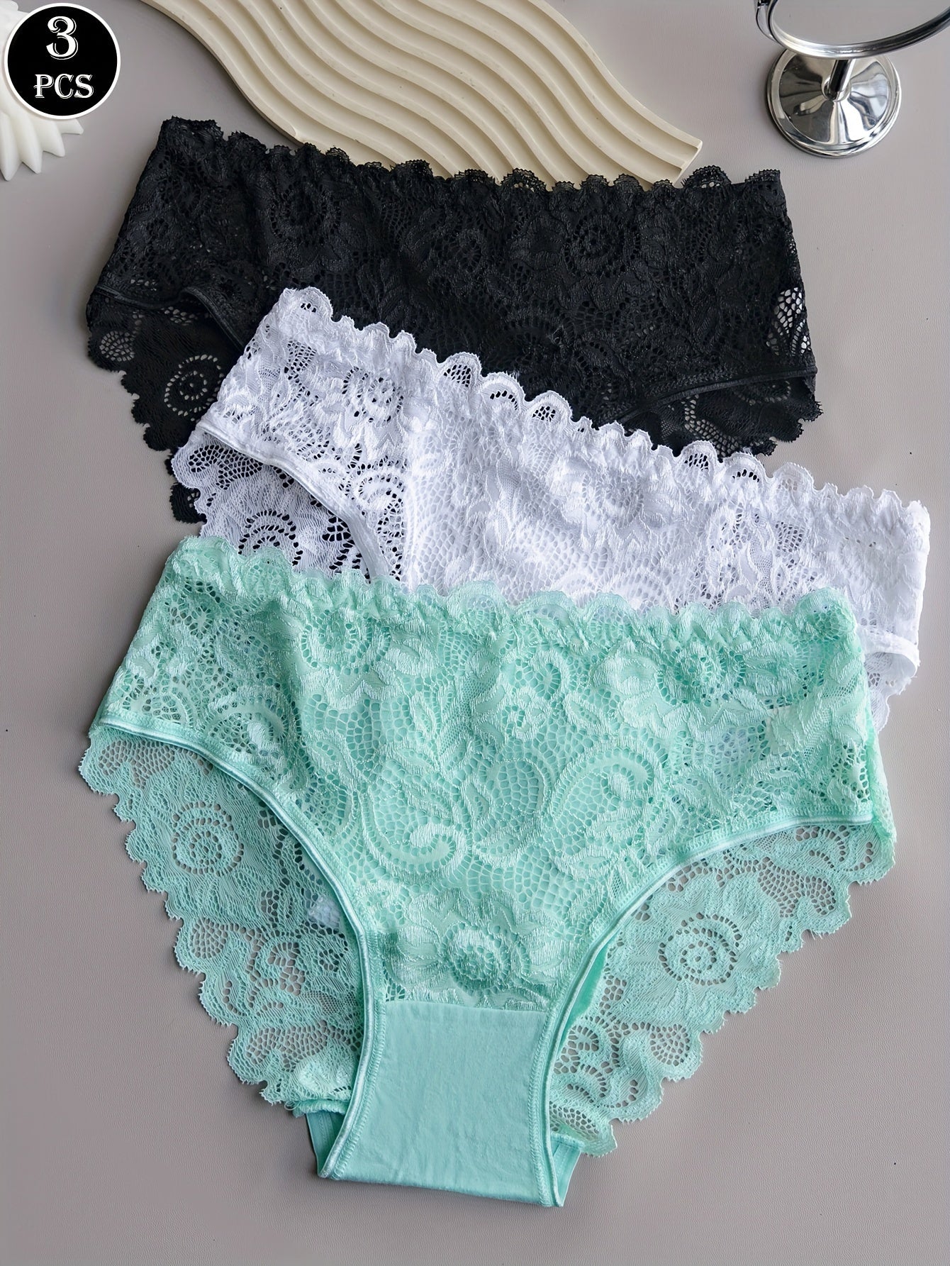 3pcs Solid Lace Briefs, Comfy Breathable Stretchy Intimates Panties, Women's Lingerie & Underwear