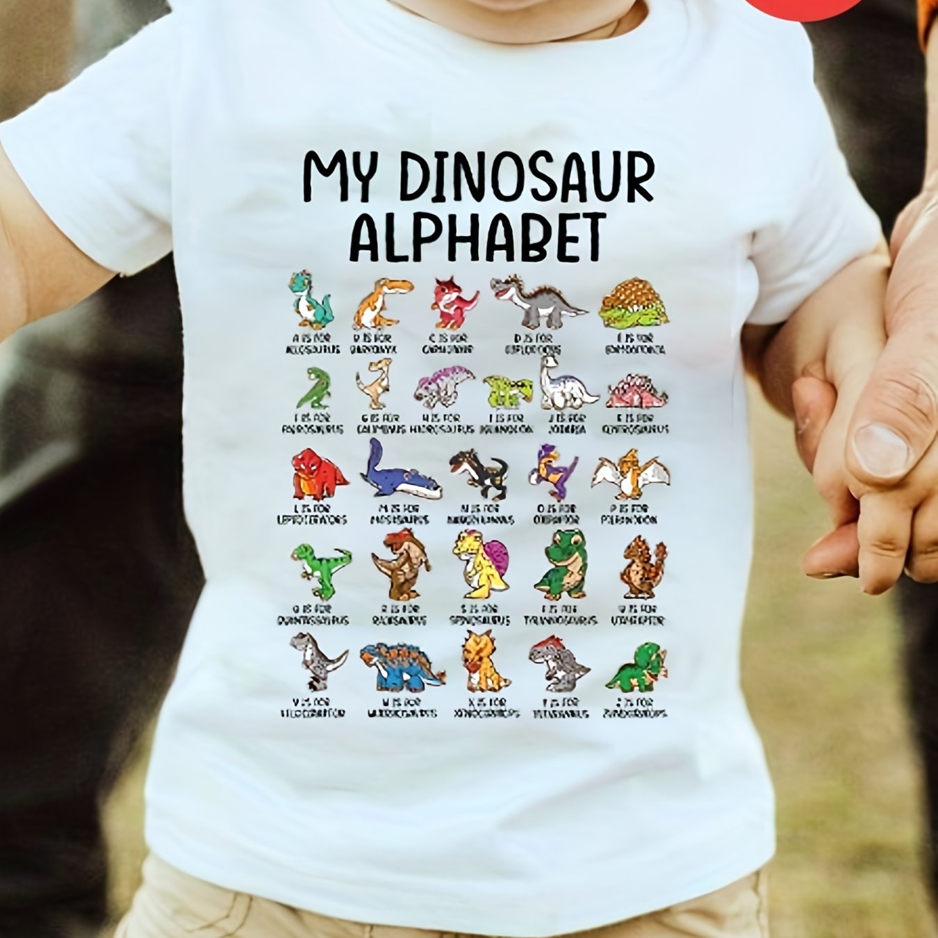 Gourd Doll Boys' 100% Cotton T-Shirt - Casual Crew Neck, Short Sleeve, Asymmetrical Hem, Slight Stretch, Dinosaur Alphabet Print Top for Youngsters, Summer Tee|Dinosaur Graphic Tee|Glossy Fabric, Dinosaur Room Decor