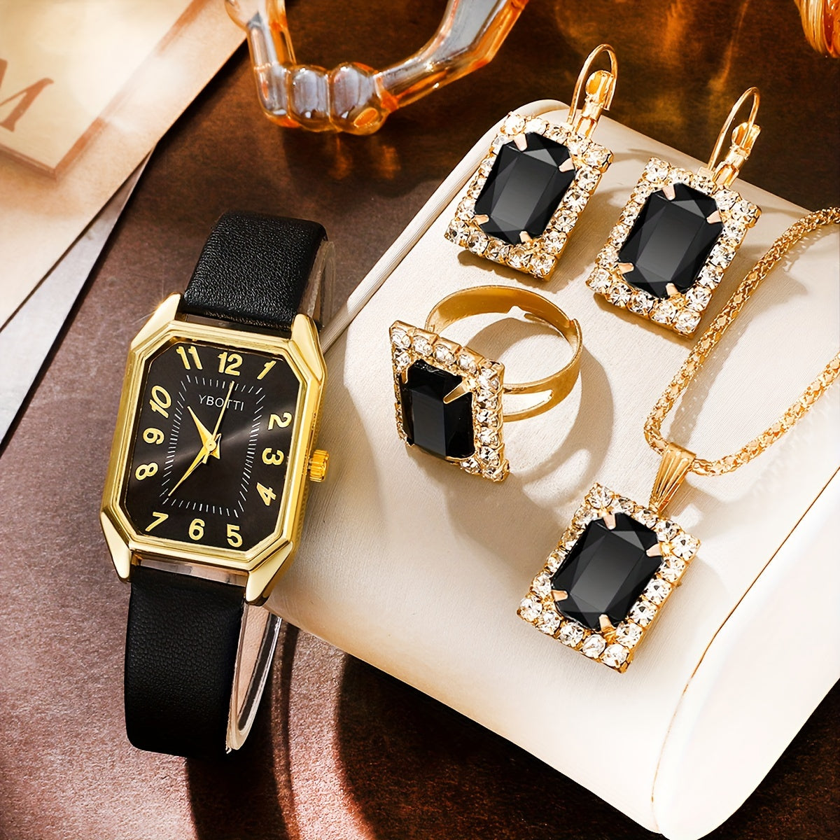 5PCS/6PCS Women's Watch Retro Rectangle Pointer Quartz Watch Analog PU Leather Wrist Watch & Jewelry Set, Gift For Mom Her