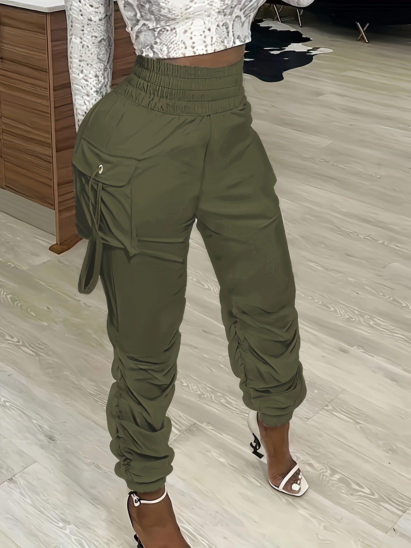 Women's Olive Green Cargo Pants with Ruched Waist - Casual Polyester, Straight Fit, Solid Color, Machine Washable, All-Season Wear