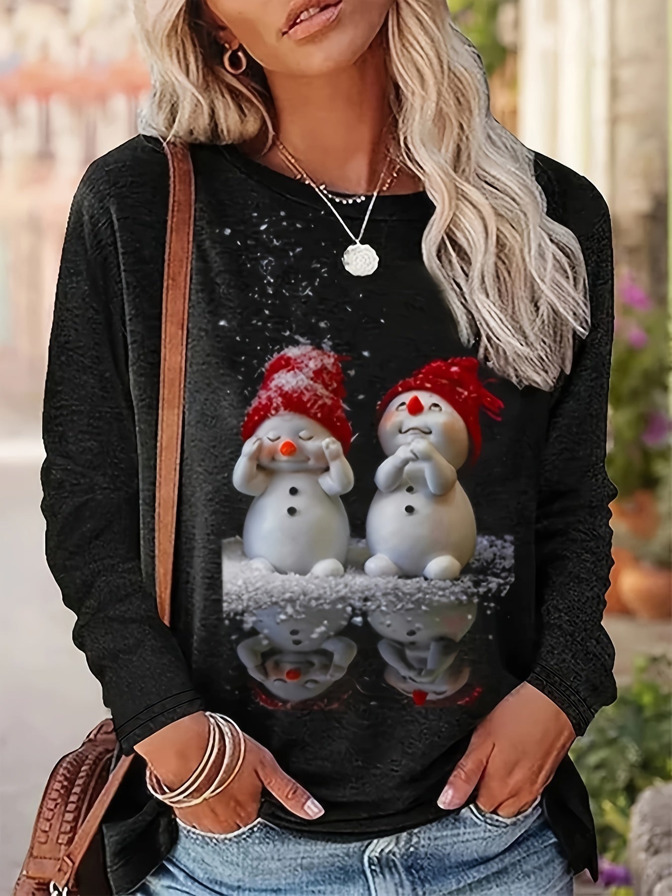 Snowman Print Crew Neck T-shirt, Casual Long Sleeve Top, Women's Clothing