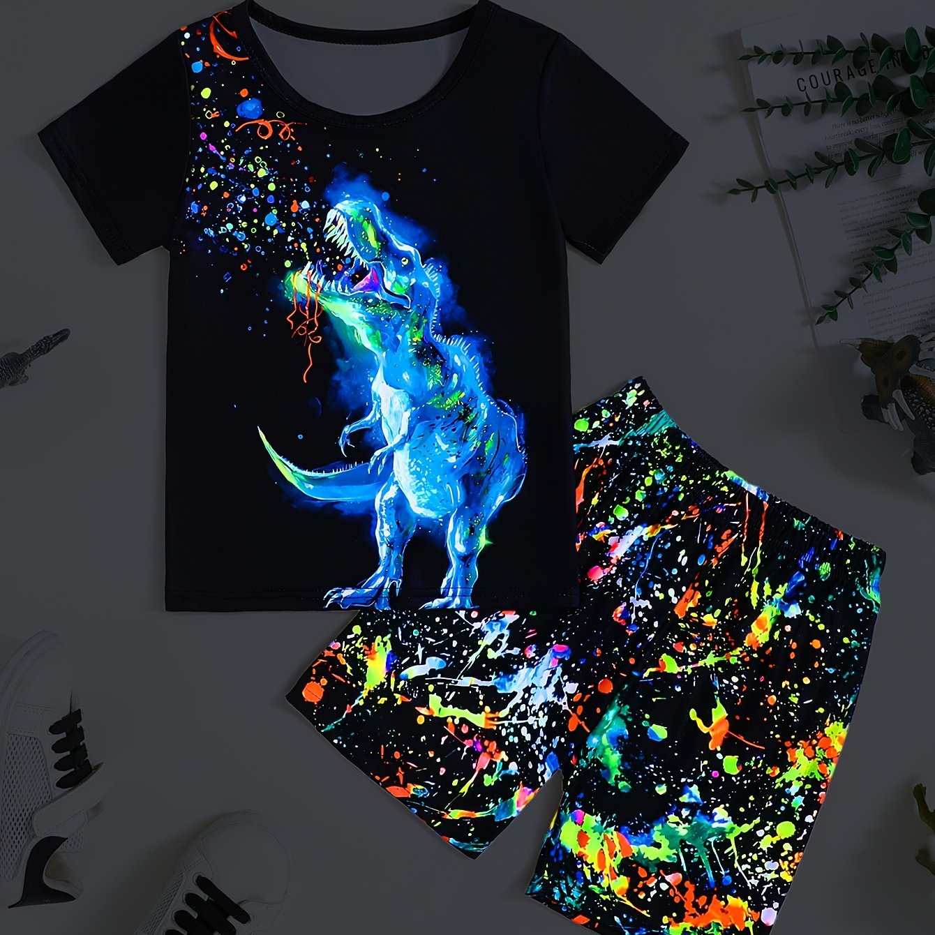 2pcs Boys Casual Luminous Colorful Splash Ink T-rex Print Comfortable Versatile Short Sleeve T-shirt & Shorts Set, Cool, Lightweight And Comfy Summer Clothes For Daily & Outdoor Wear