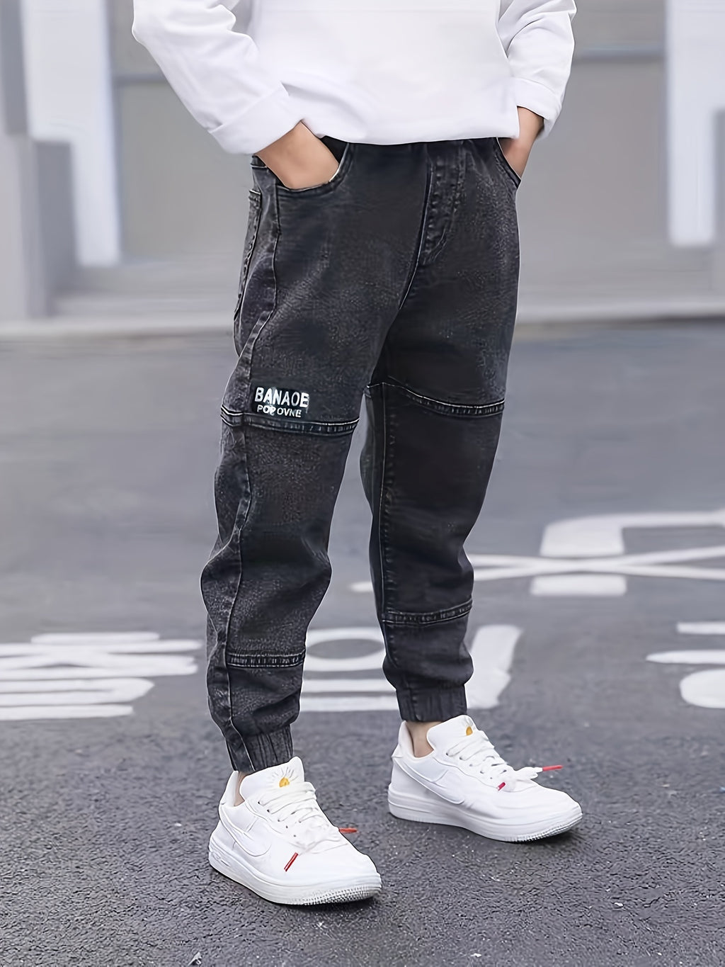 Kid's Casual Letter Patched Jeans, Versatile Denim Pants, Boy's Clothes For All Seasons