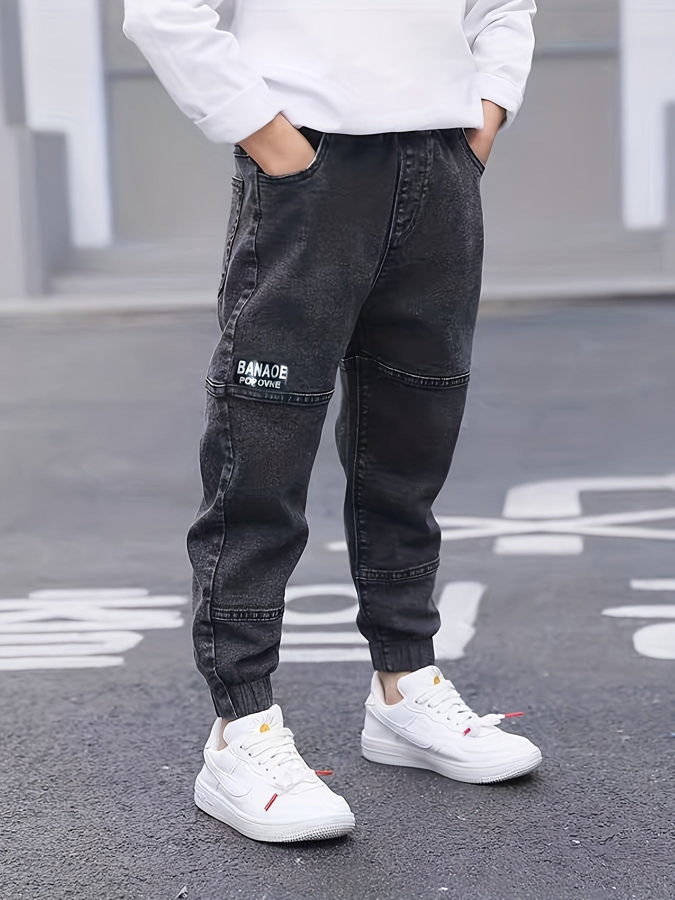 Kid's Casual Letter Patched Jeans, Versatile Denim Pants, Boy's Clothes For All Seasons