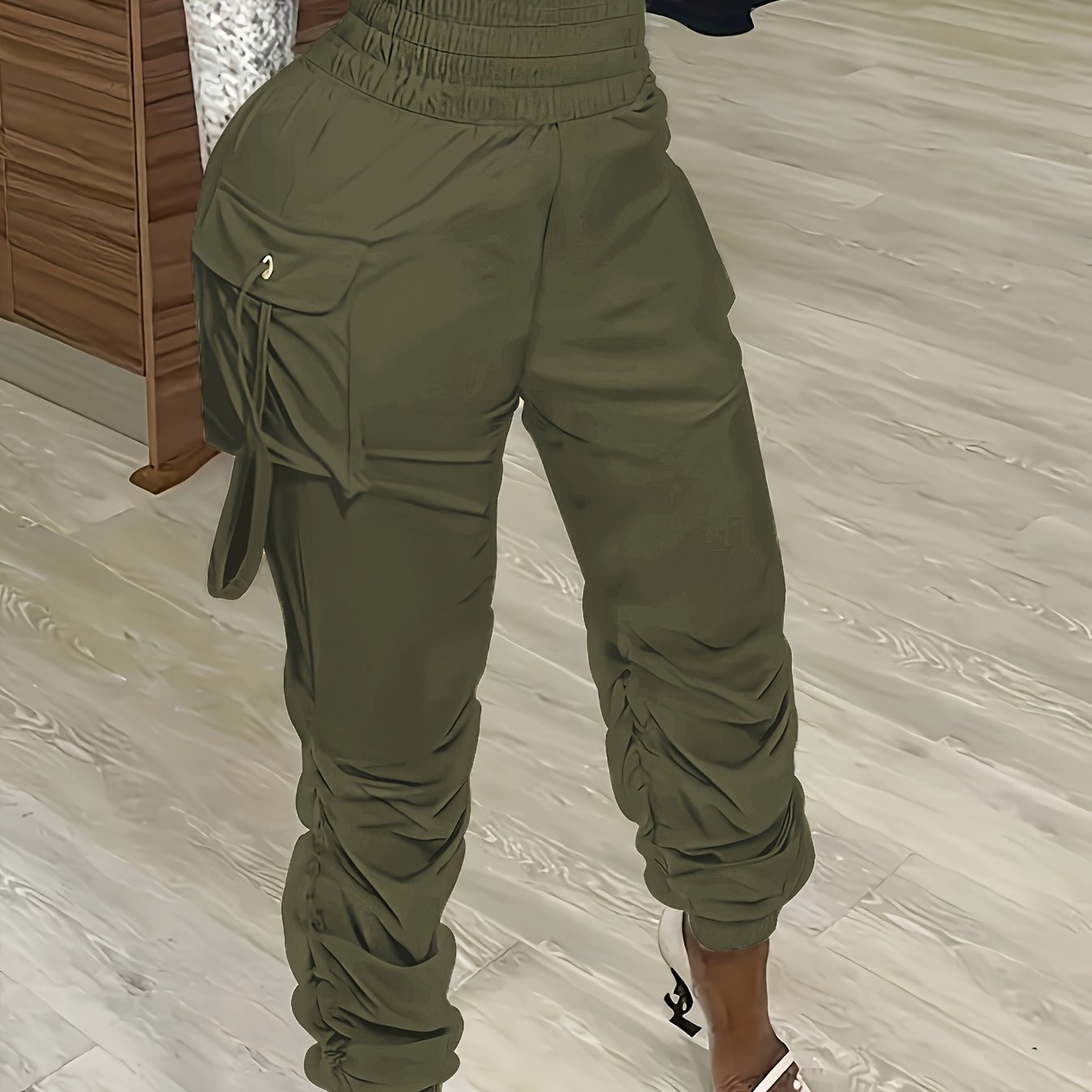 Women's Olive Green Cargo Pants with Ruched Waist - Casual Polyester, Straight Fit, Solid Color, Machine Washable, All-Season Wear