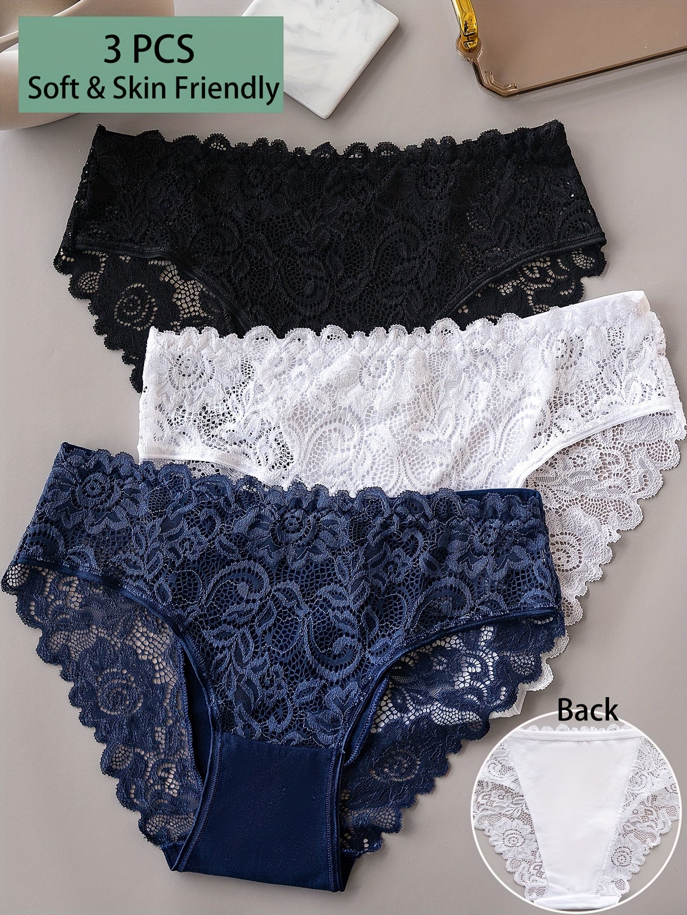 3pcs Solid Lace Briefs, Comfy Breathable Stretchy Intimates Panties, Women's Lingerie & Underwear