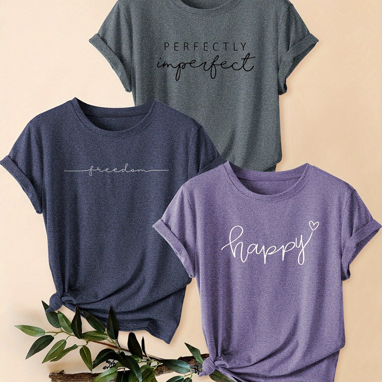 3-piece Mixed Pack Retro Style Letter Print Comfortable Breathable T-Shirt, Casual Crew Neck Short Sleeve Sports Tops For Summer, Women's Clothing