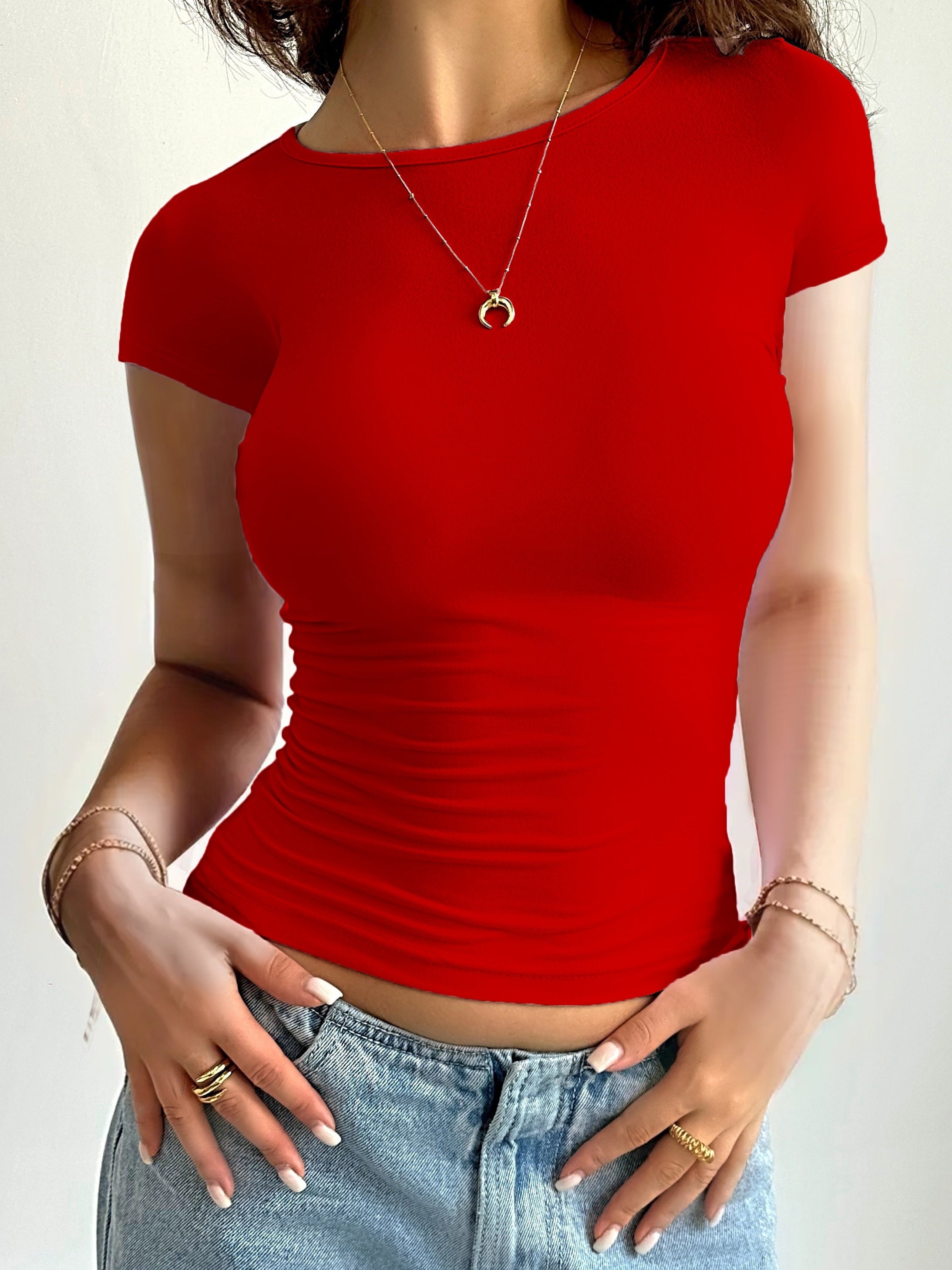 Crew Neck Tight Fit T-shirt, Y2K Short Sleeve Summer Top, Women's Clothing