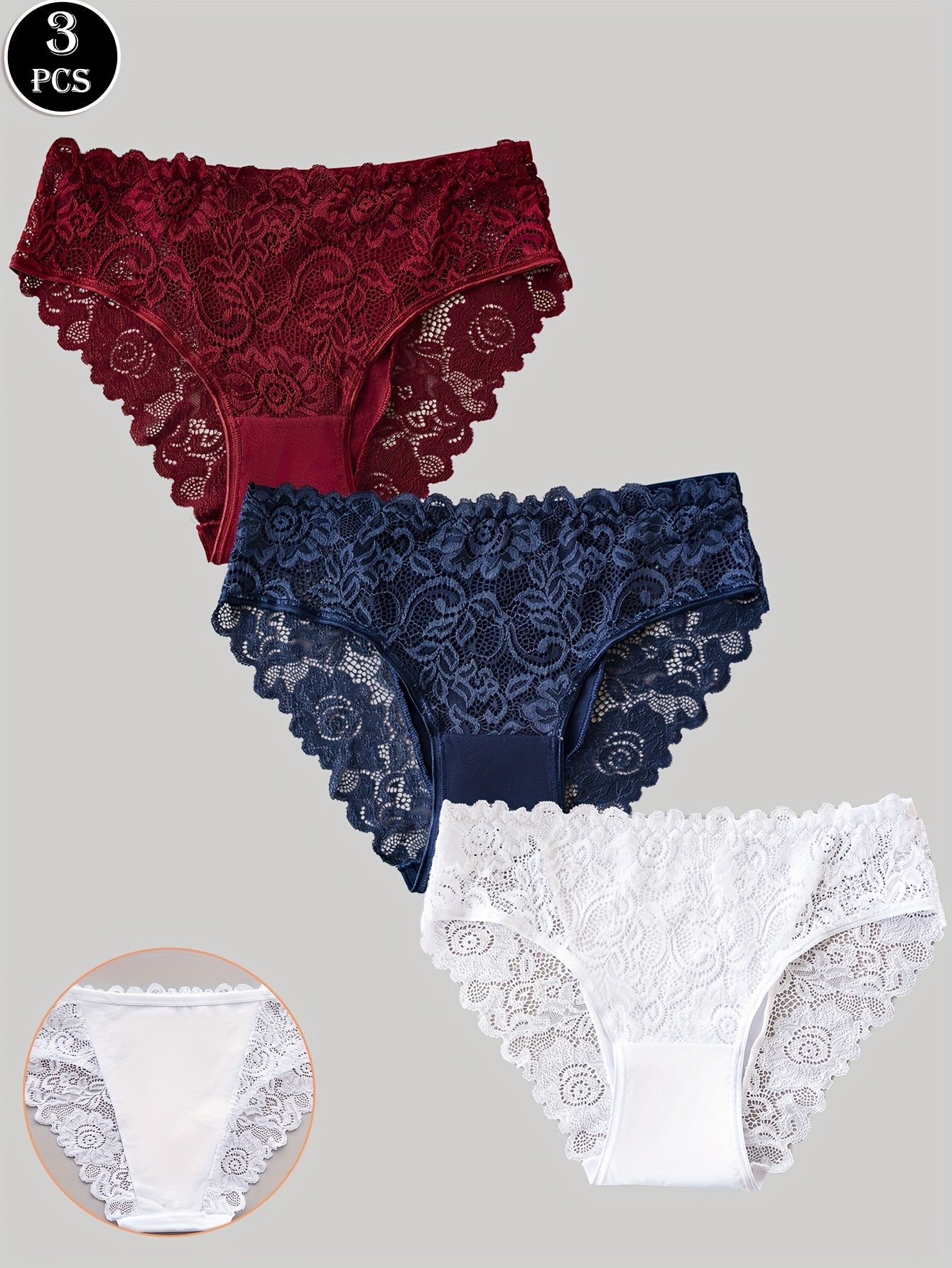3pcs Solid Lace Briefs, Comfy Breathable Stretchy Intimates Panties, Women's Lingerie & Underwear