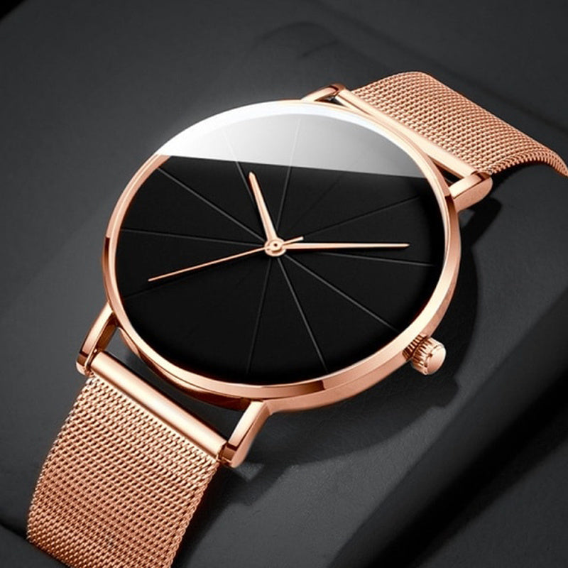 Casual Round Pointer Quartz Watch Large Geo Dial Analog Mesh Strap Wristwatch For Women Men