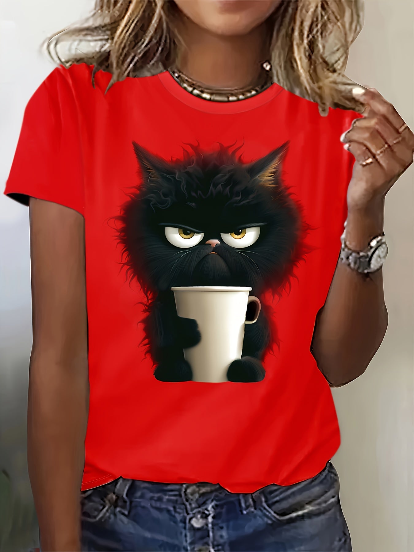 Cat Print T-shirt, Casual Short Sleeve Crew Neck Top For Spring & Summer, Women's Clothing