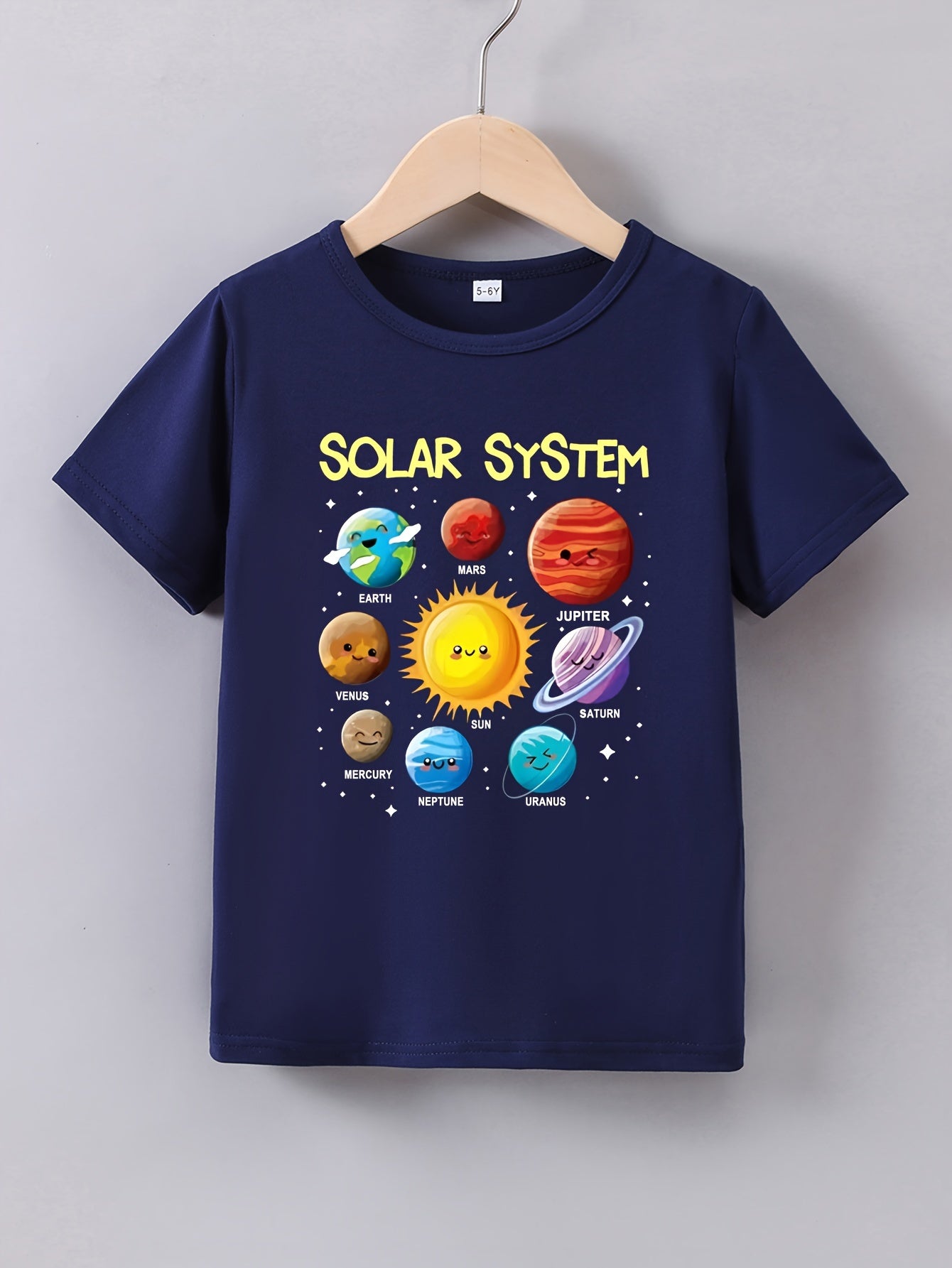 Youngsters' Solar System Planet Encyclopedia Print Tee - Red Short Sleeve Crewneck, Educational Space-Themed T-Shirt for Boys and Girls, Polyester/Spandex Blend, Summer Wear, Casual Youngsters Tee|Round Neck Tshirt|Polyester