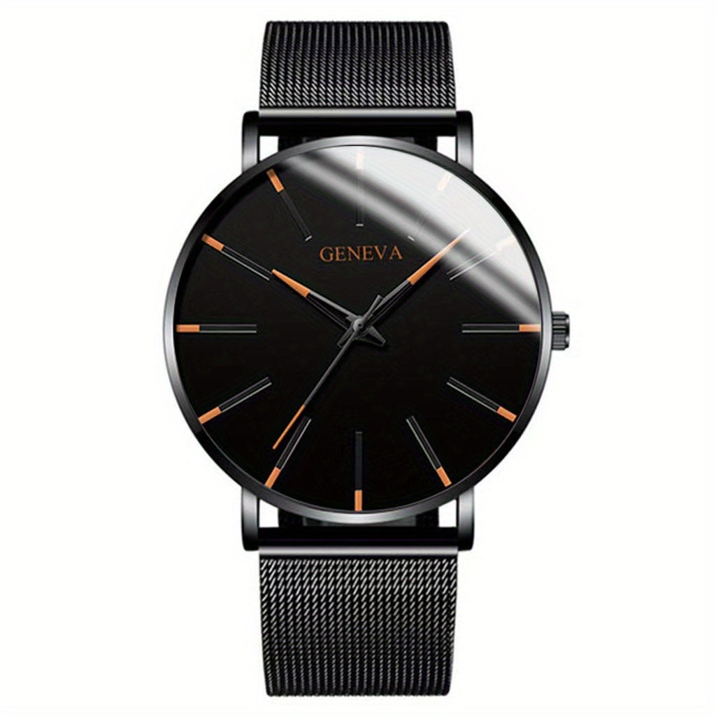 Casual Round Pointer Quartz Watch Large Geo Dial Analog Mesh Strap Wristwatch For Women Men