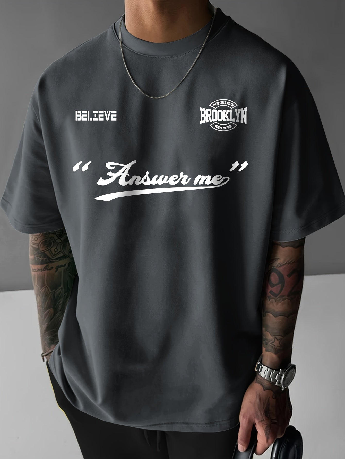 Believe Brooklyn Symmetrical Design Print, Men's Short Sleeve Round Collar Street Style T-shirt For Summer & Spring