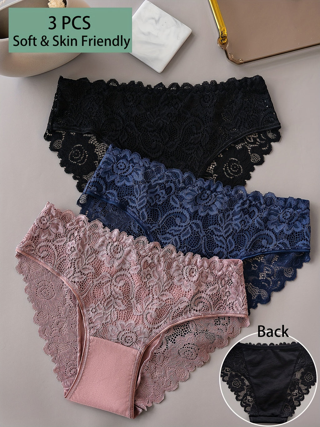 3pcs Solid Lace Briefs, Comfy Breathable Stretchy Intimates Panties, Women's Lingerie & Underwear