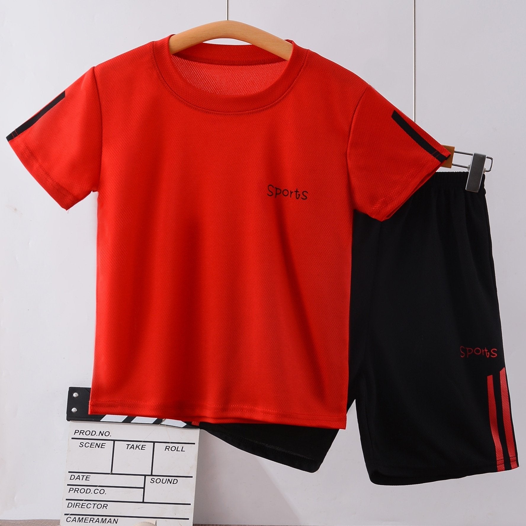 Boy's 2pcs T-shirt & Elastic Waist Shorts Set, SPORTS Print Short Sleeve Tee Top, Color Clash Casual Kids Clothes For Summer