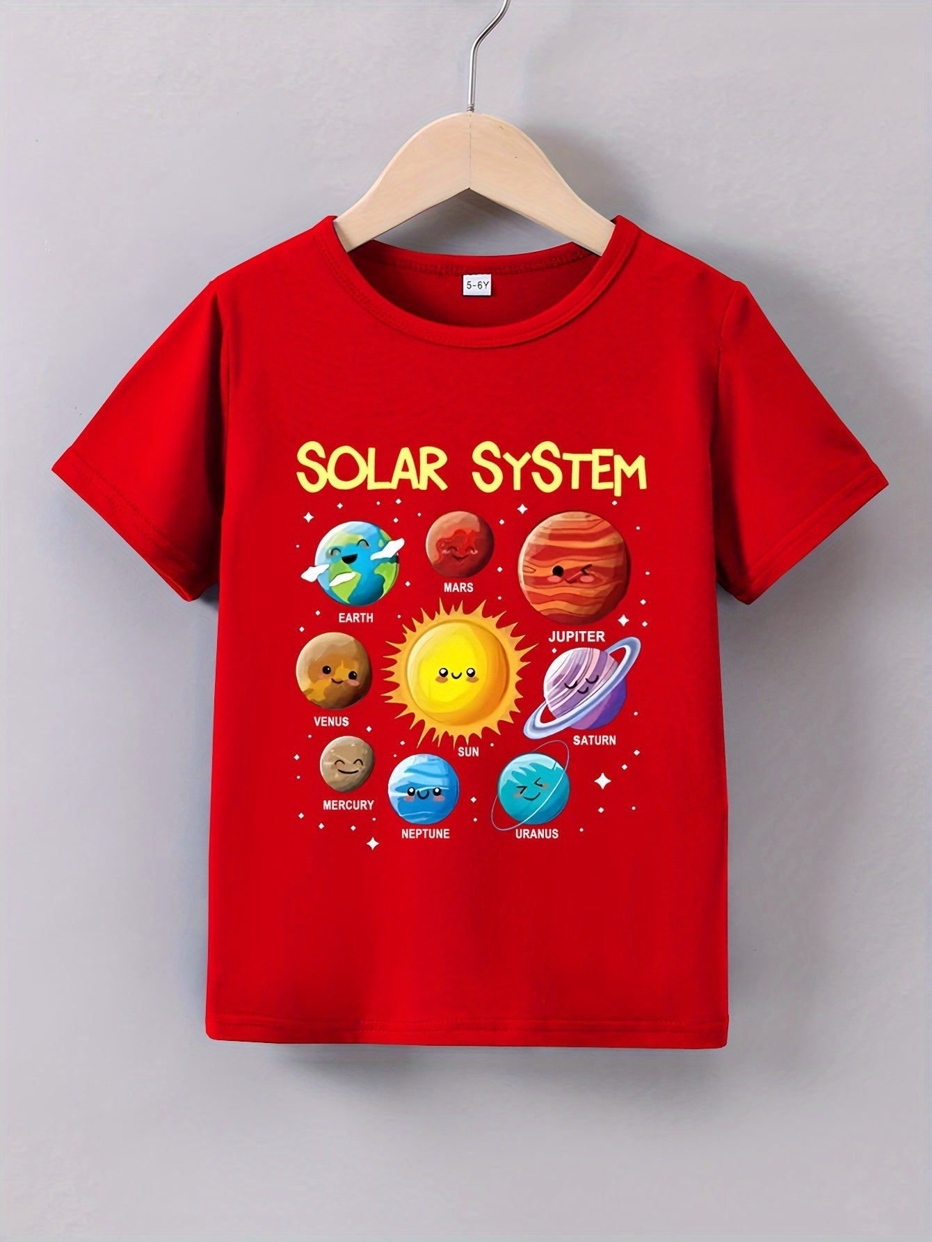 Youngsters' Solar System Planet Encyclopedia Print Tee - Red Short Sleeve Crewneck, Educational Space-Themed T-Shirt for Boys and Girls, Polyester/Spandex Blend, Summer Wear, Casual Youngsters Tee|Round Neck Tshirt|Polyester