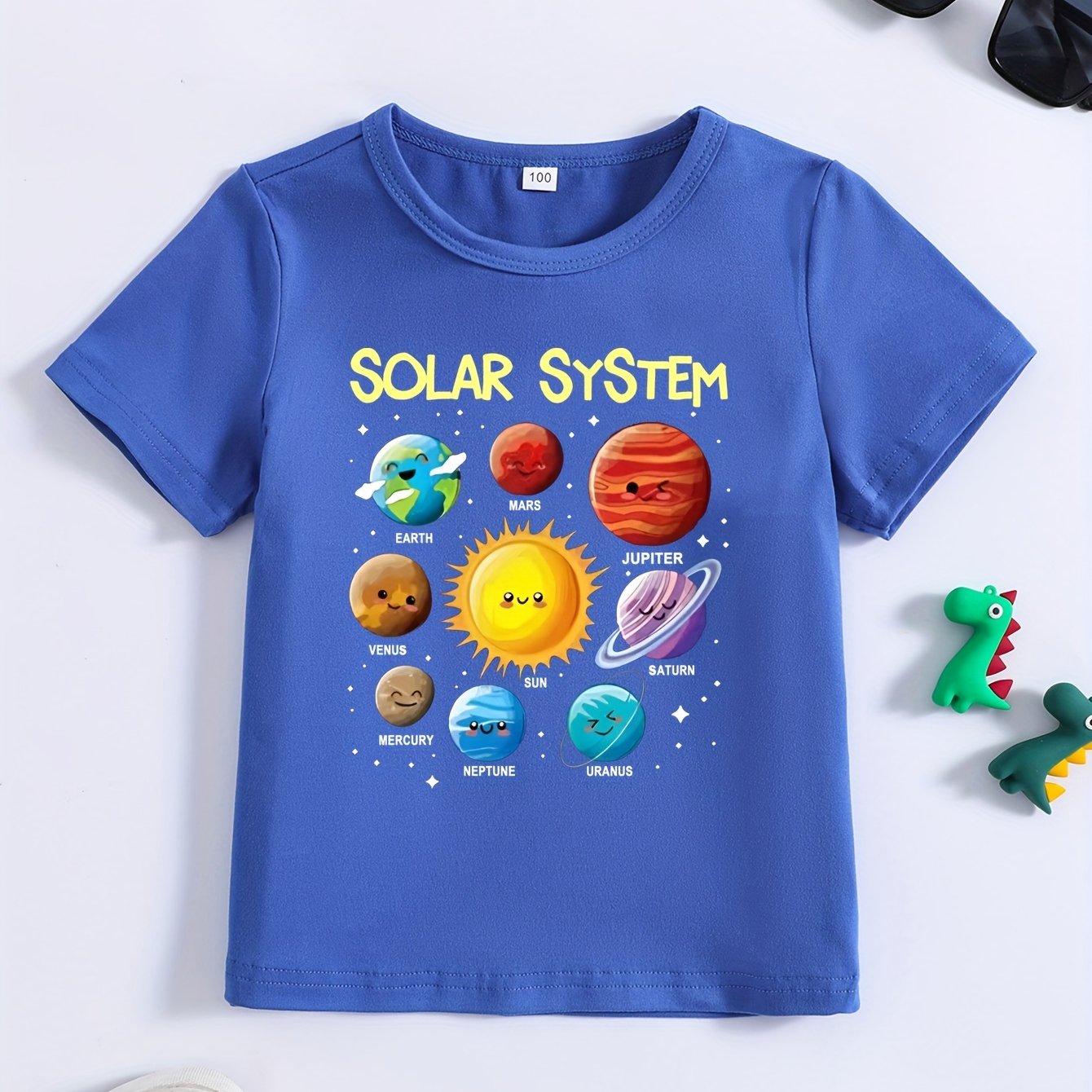 Youngsters' Solar System Planet Encyclopedia Print Tee - Red Short Sleeve Crewneck, Educational Space-Themed T-Shirt for Boys and Girls, Polyester/Spandex Blend, Summer Wear, Casual Youngsters Tee|Round Neck Tshirt|Polyester